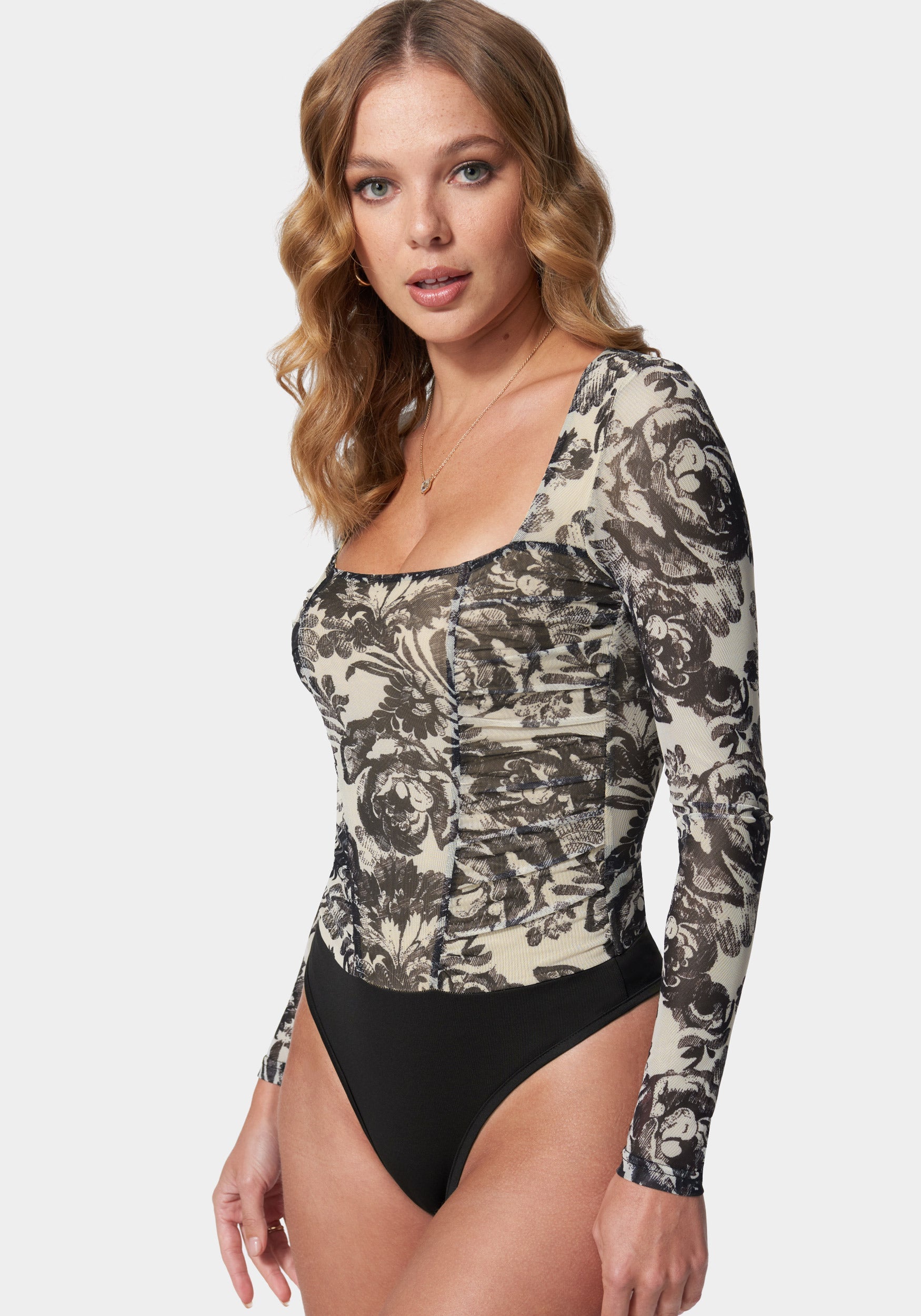 Mesh Long Sleeve Ruched Bodysuit