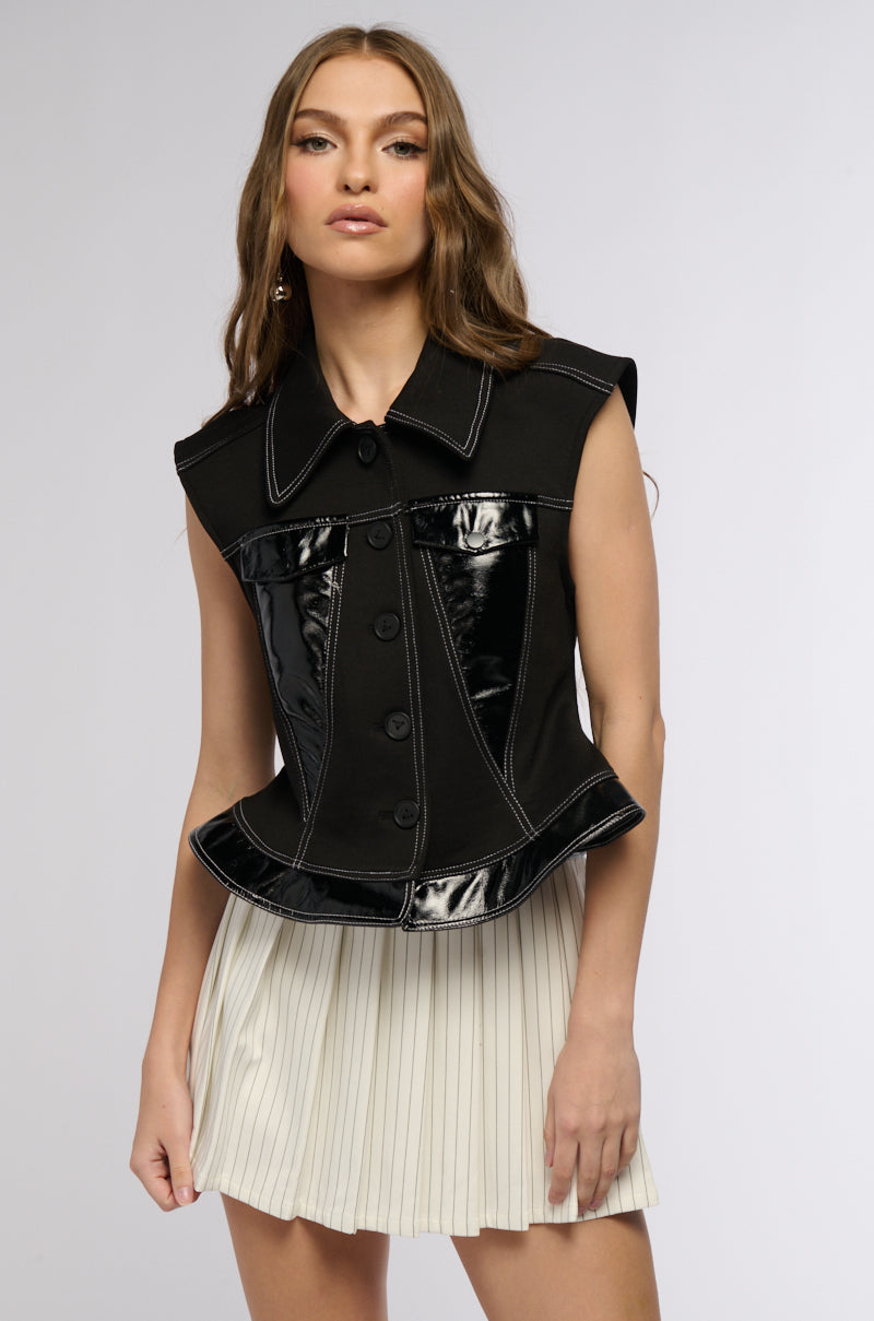 PEPLUM CINCHED VEST WITH PATENT TRIM