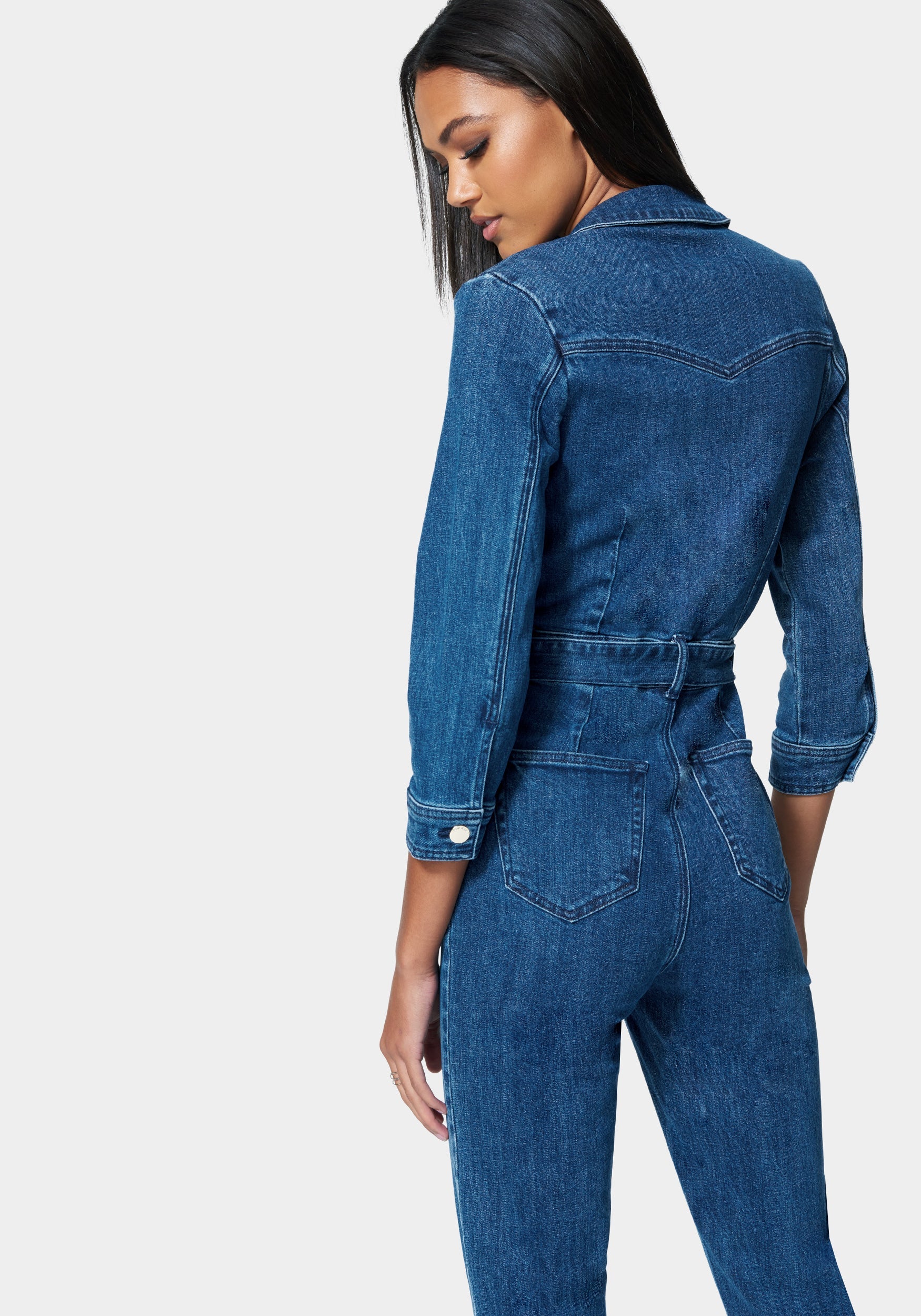 Zip Front Belted Skinny Leg Denim Jumpsuit