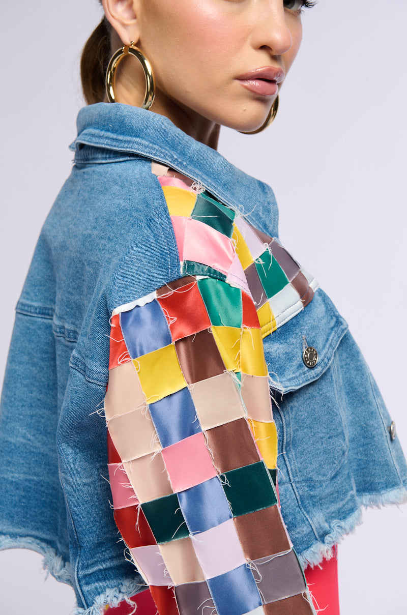 SATIN CHECKERED WEAVE CROP DENIM JACKET