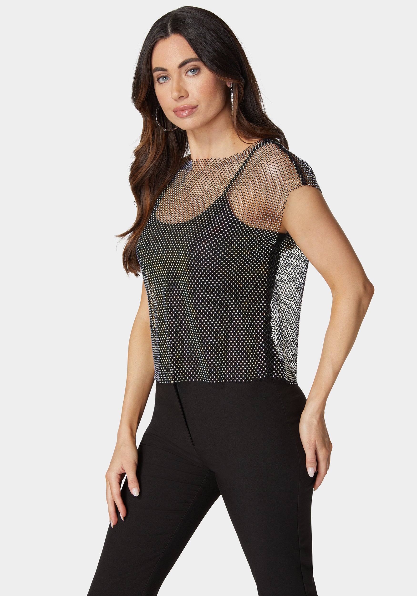 Rhinestone Fishnet Top With Knit Tank