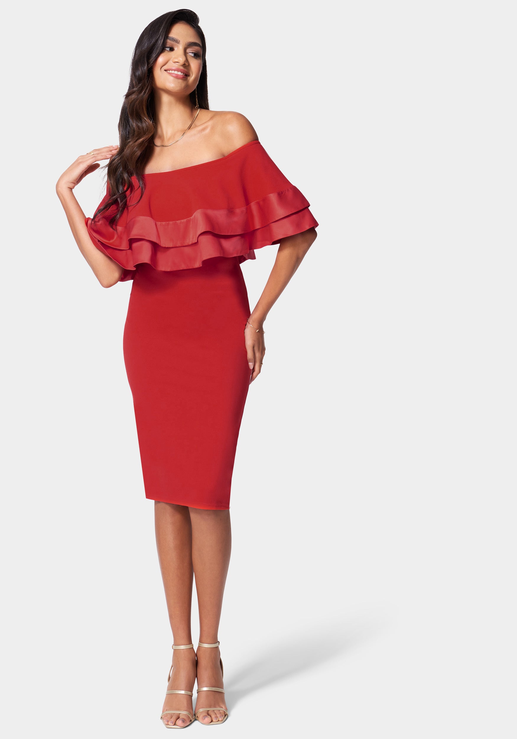 Satin Tip Off Shoulder Midi Dress