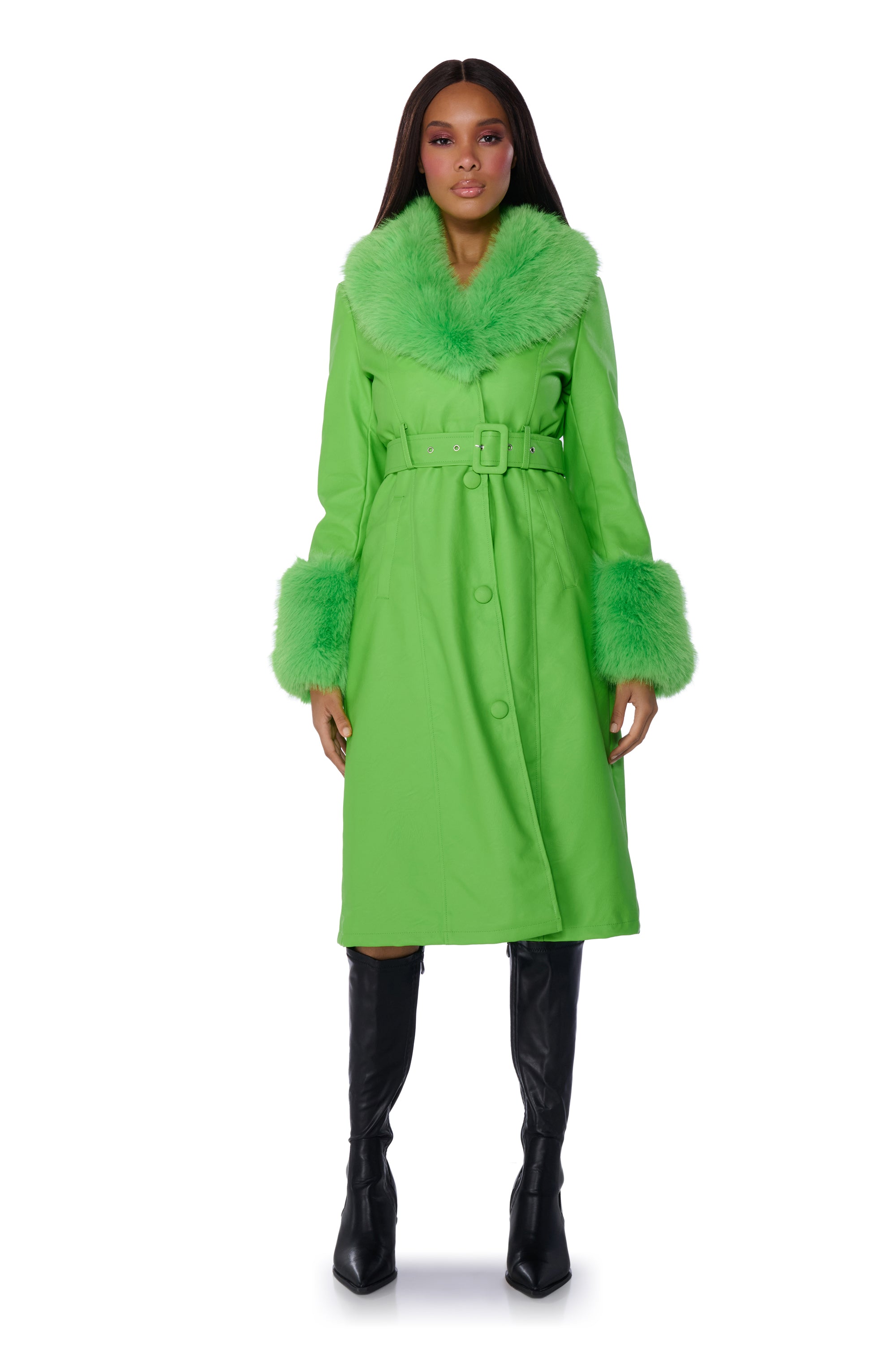 KAYA PU TRENCH WITH FUR LINING IN GREEN