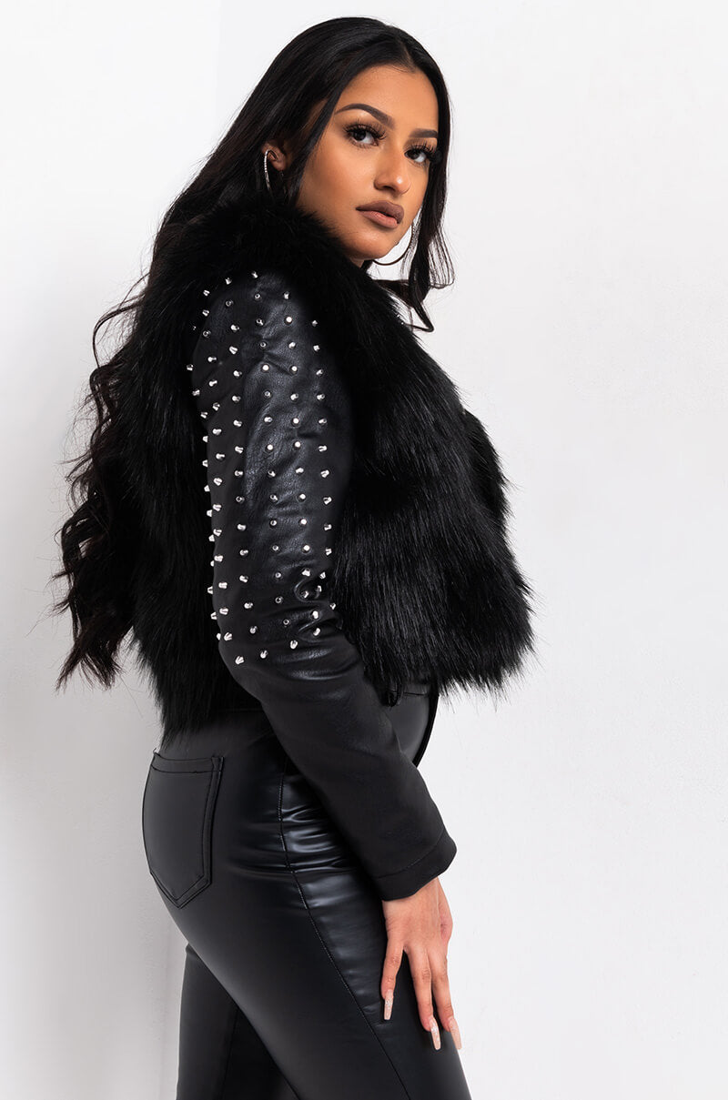 EMMS STUDDED FAUX FUR JACKET