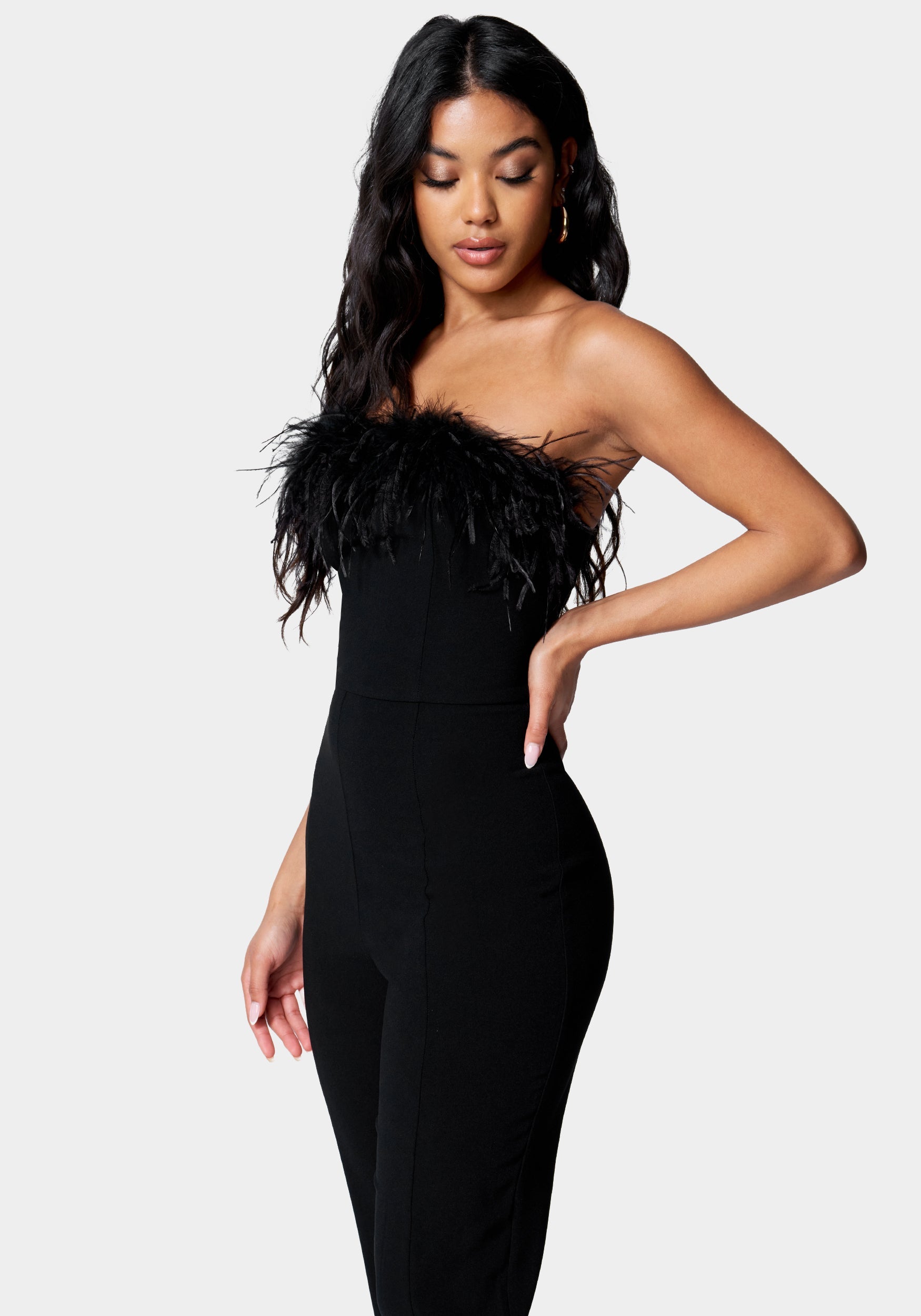 Feather Trim Split Hem Jumpsuit