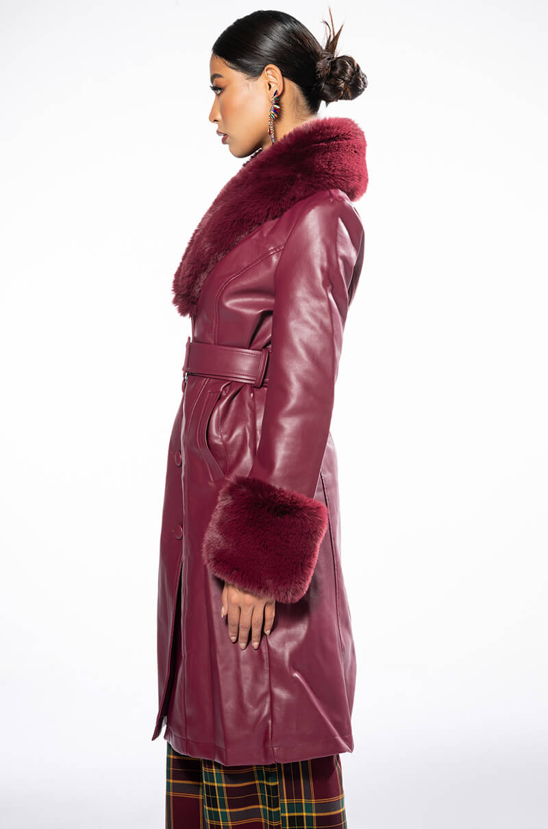 AZALEA WANG MARBOLO PU TRENCH WITH FAUX FUR TRIM