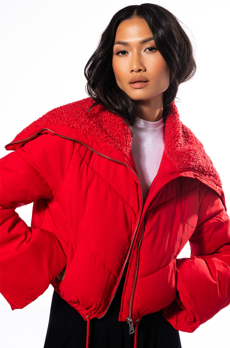 AMANDA CROP PUFFER WITH SHERPA COLLAR