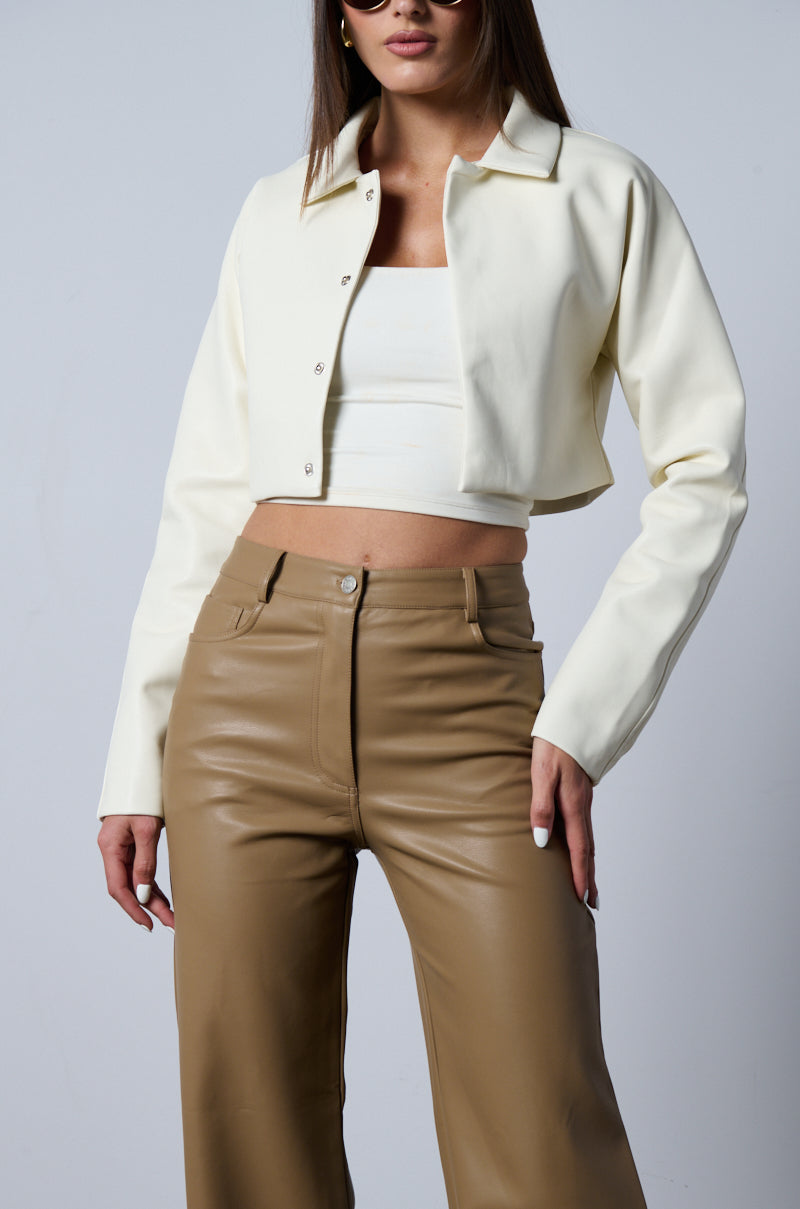 DRESSY CROPPED FAUX LEATHER BLAZER IN IVORY