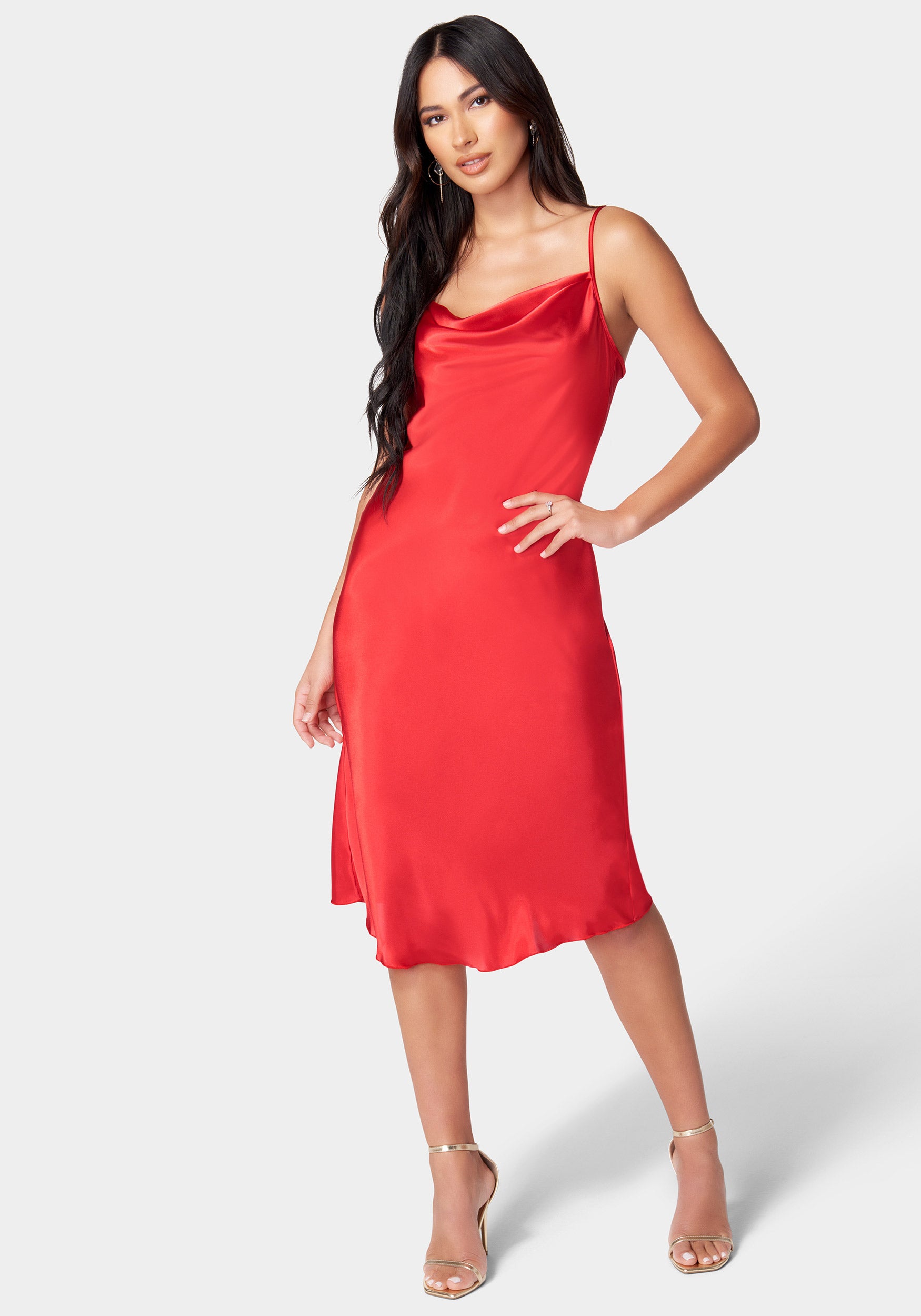 Satin Cowl Neck Slip Midi Dress