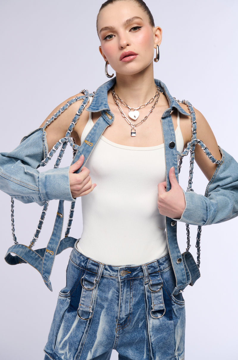 CAGED DENIM AND EXPOSED BODICE JACKET