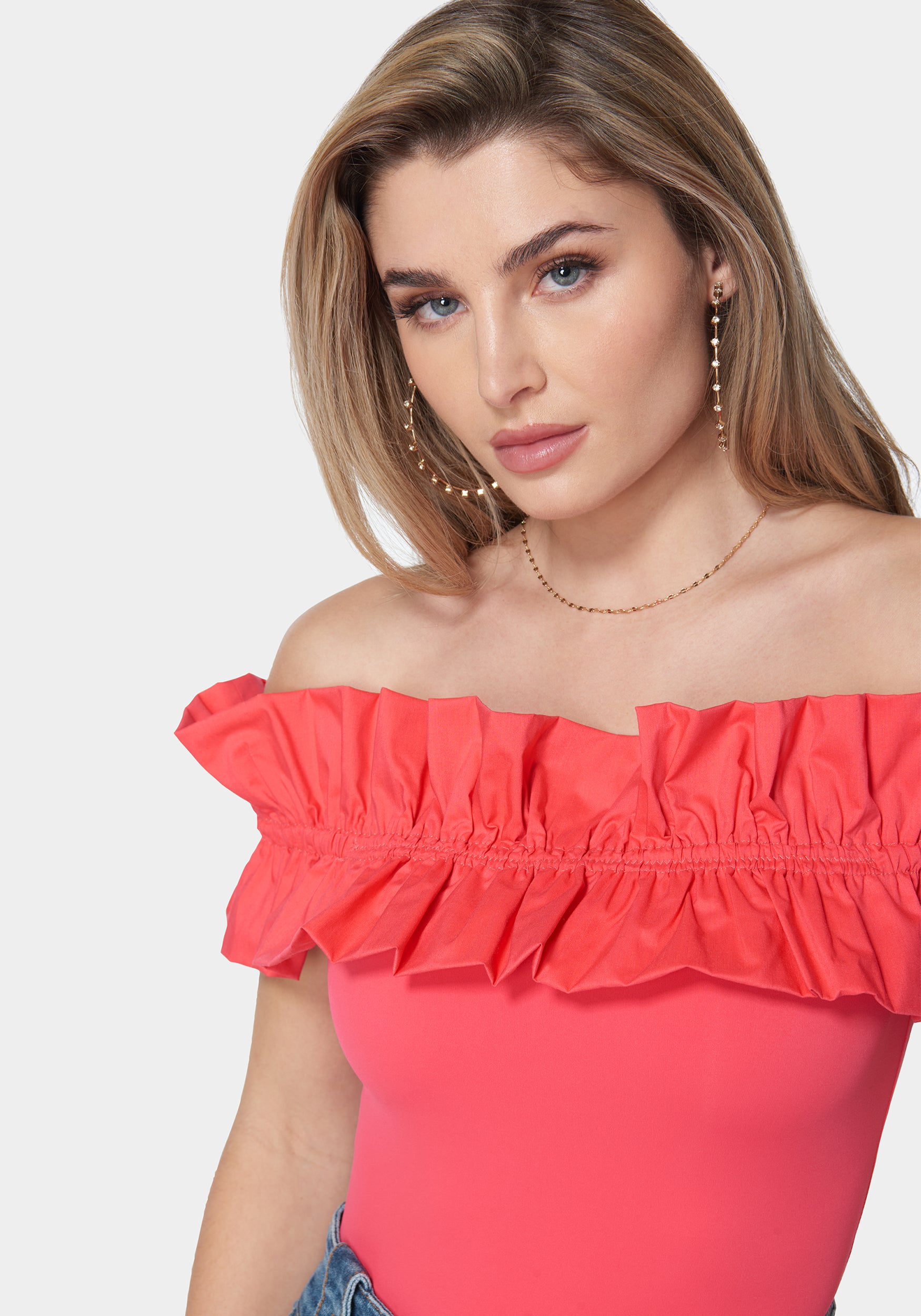 Off Shoulder Poplin Ruffle Knit Bodysuit