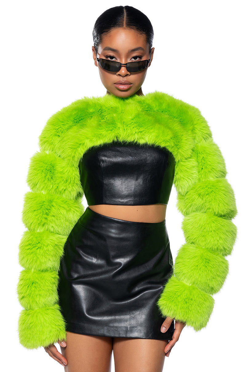 LADIES NIGHT ULTRA CROP FAUX FUR JACKET