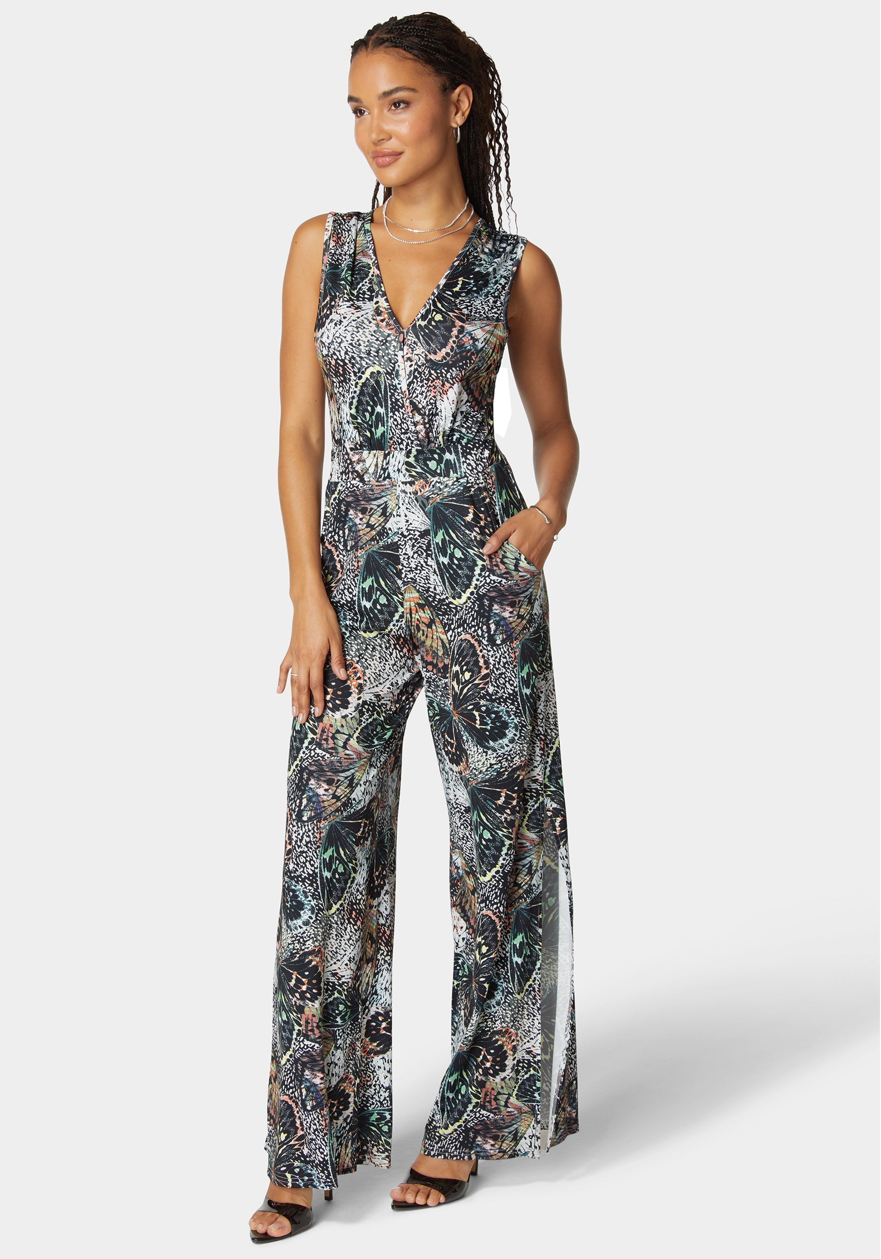 Printed Plunge Neck Jumpsuit