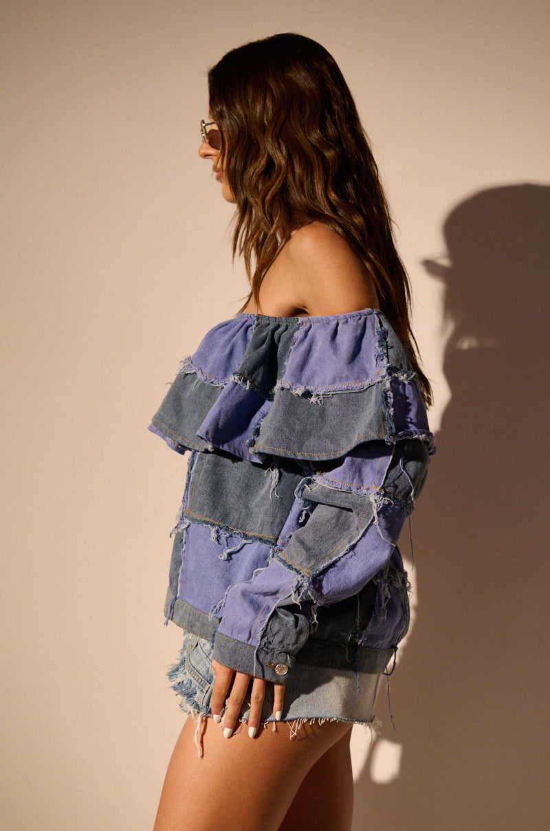 OFF SHOULDER PATCHWORK DENIM JACKET