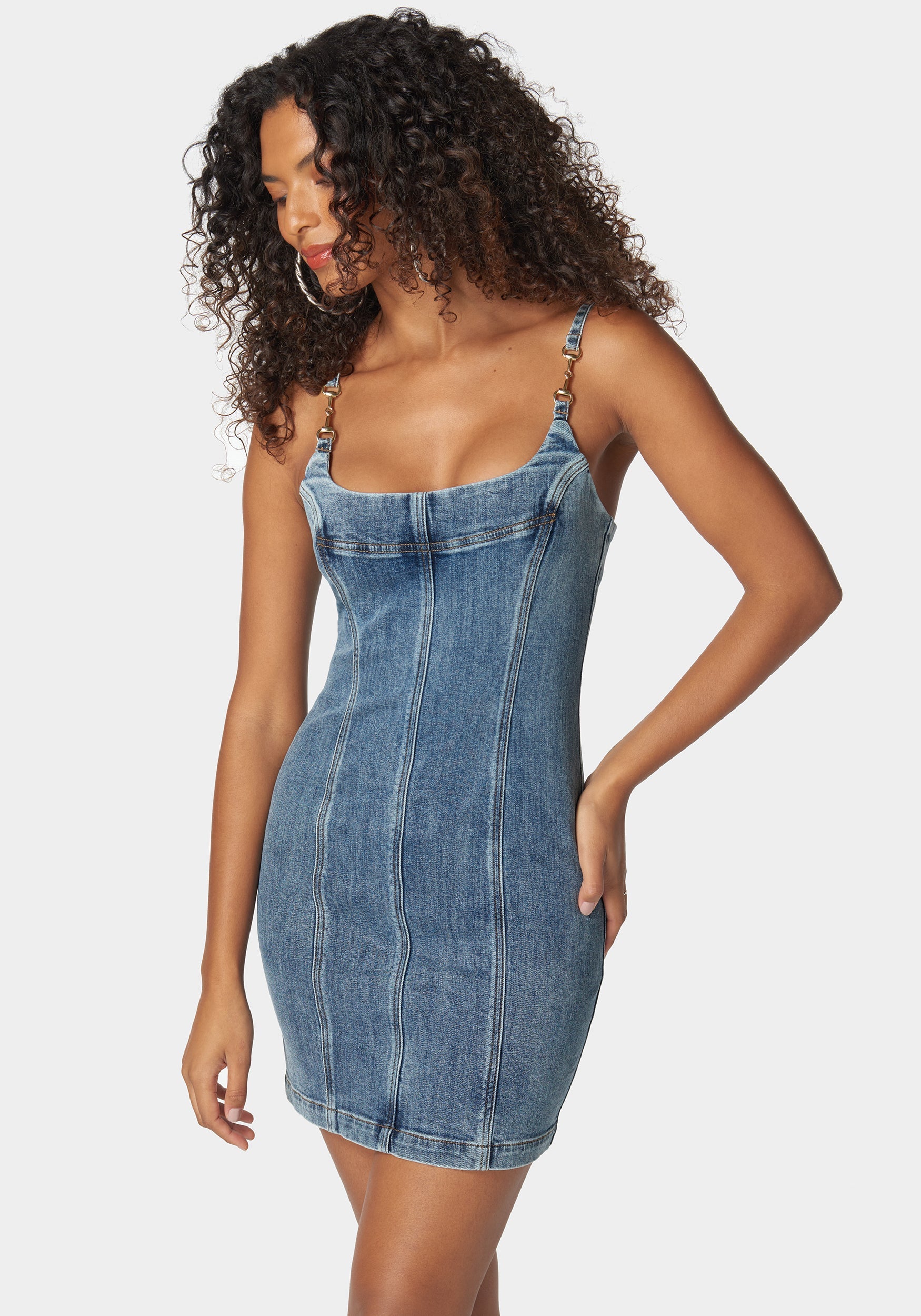 Metal Strap Detail Fitted Denim Dress