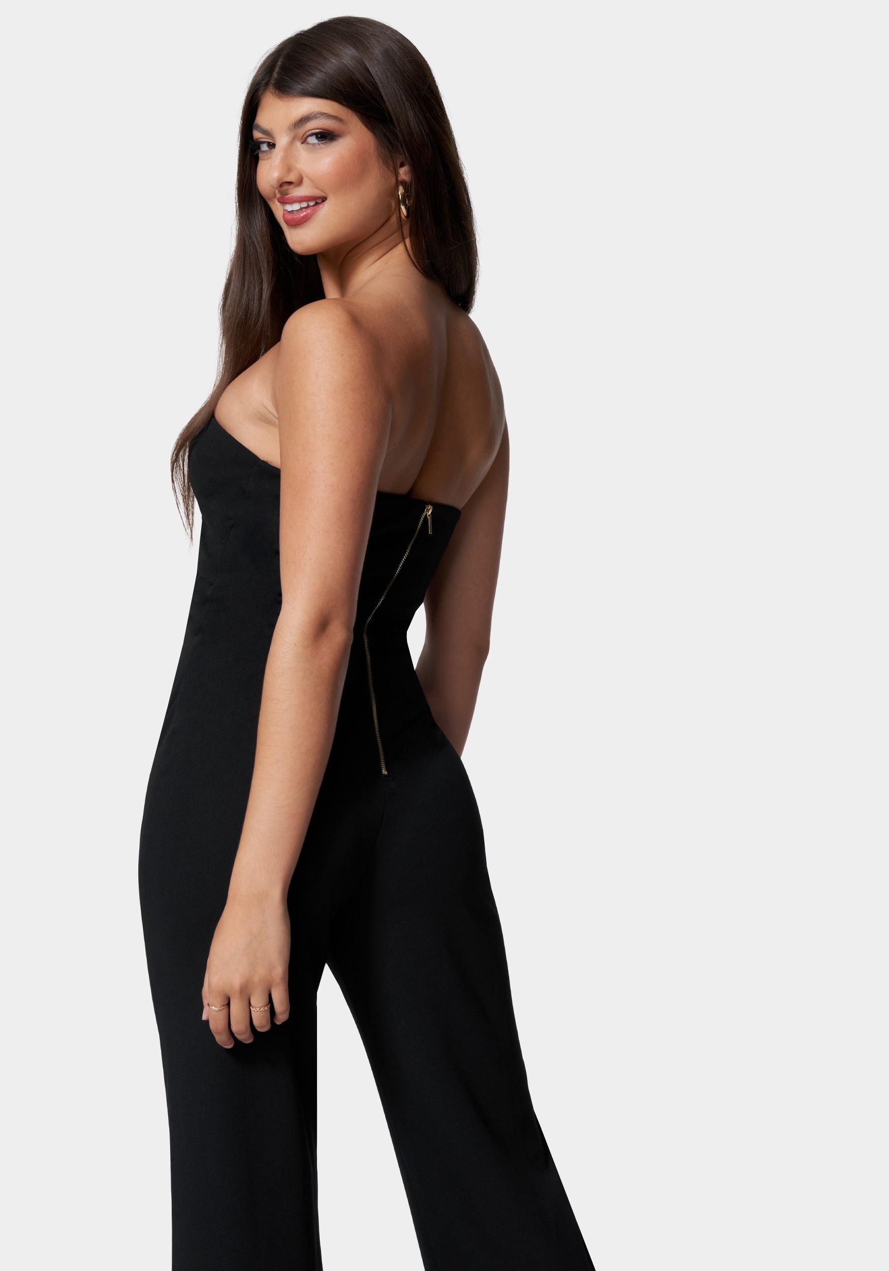 Ring Detail Wide Leg Knit Crepe With Satin Combo Jumpsuit