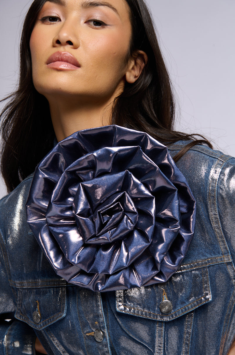 MONIQUE FLOWER DETAIL METALLIC DENIM JACKET