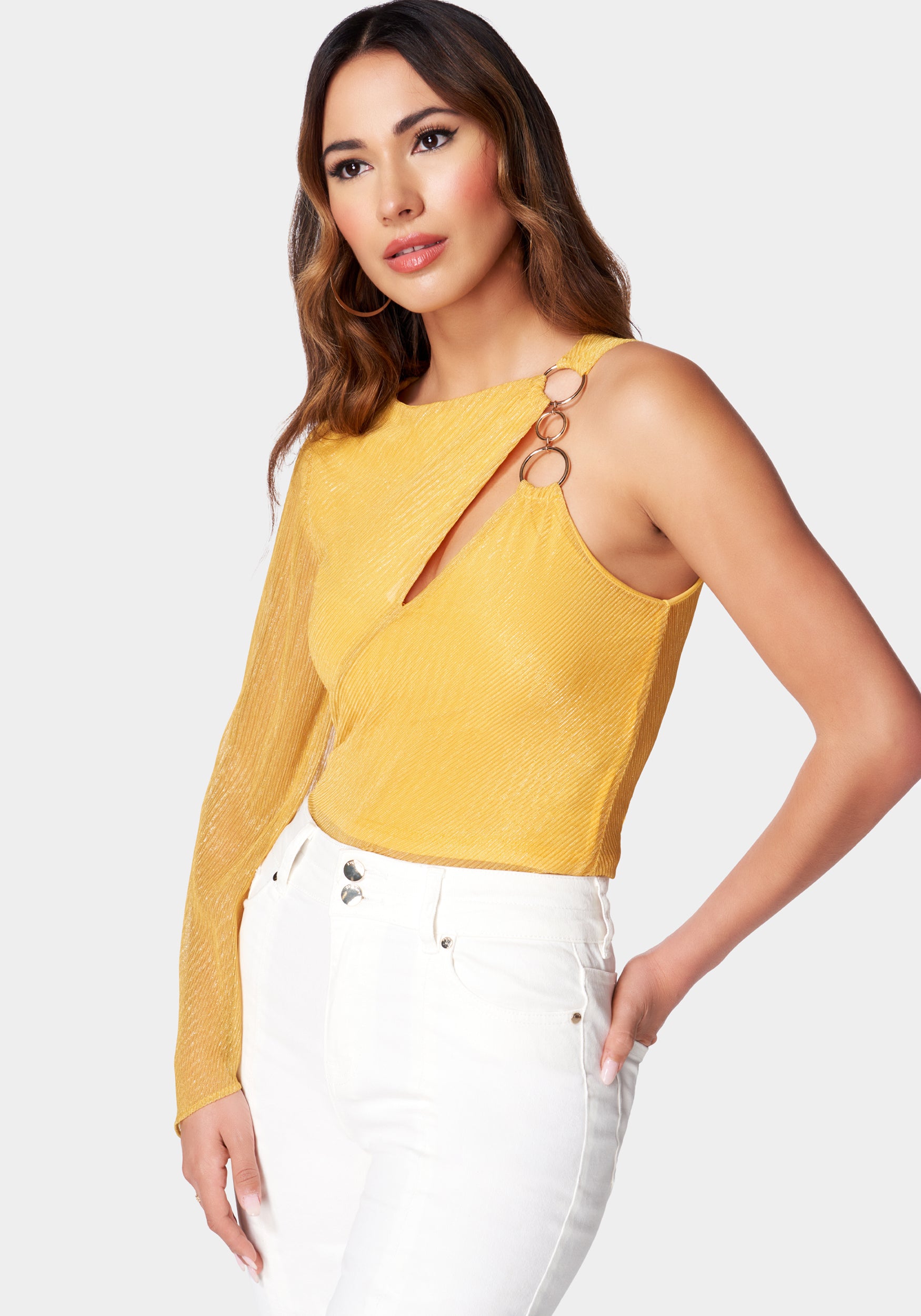 Asymmetric Bubble Sleeve Ring Detail Knit Top