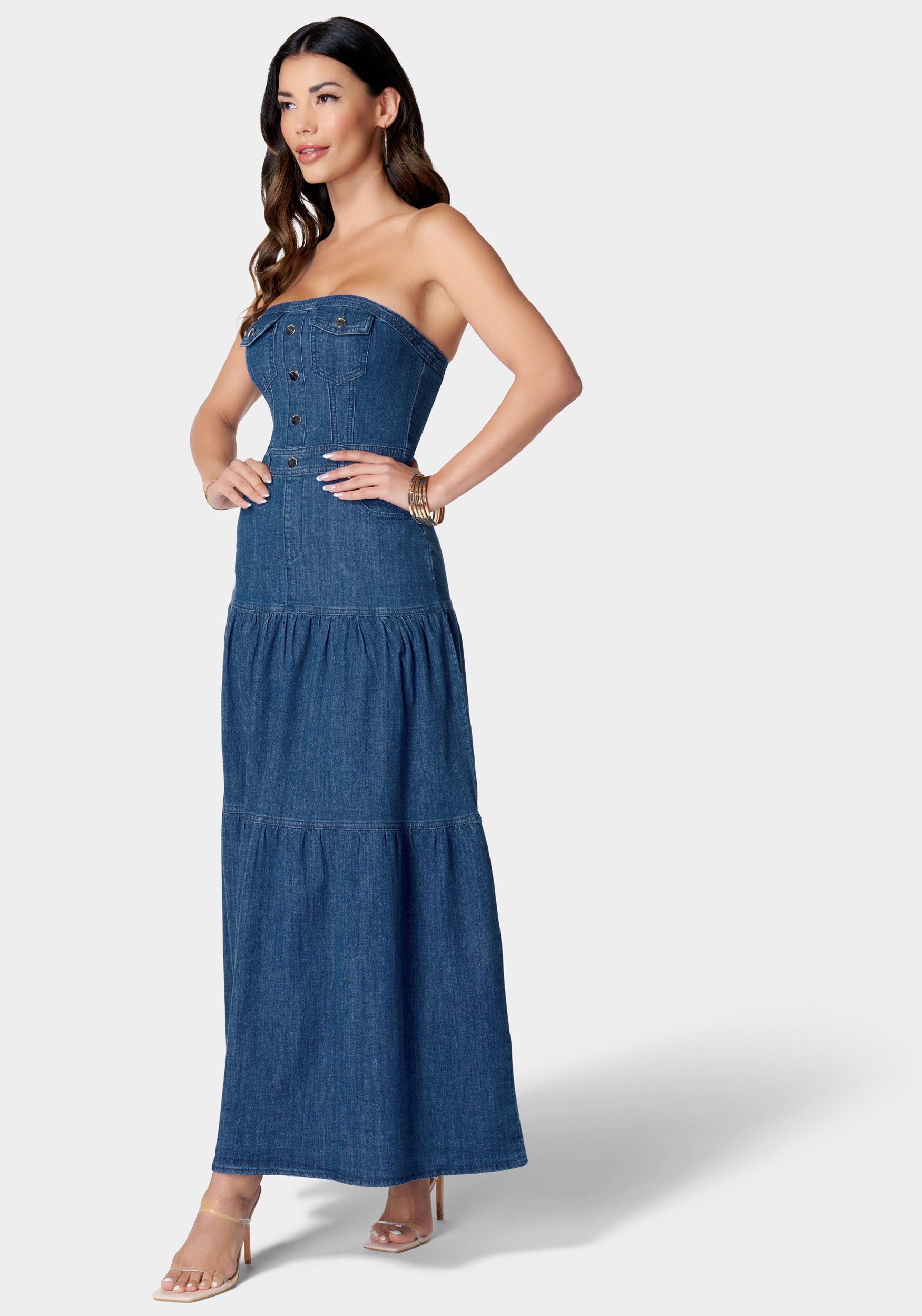 Strapless Tiered Lightweight Denim Dress