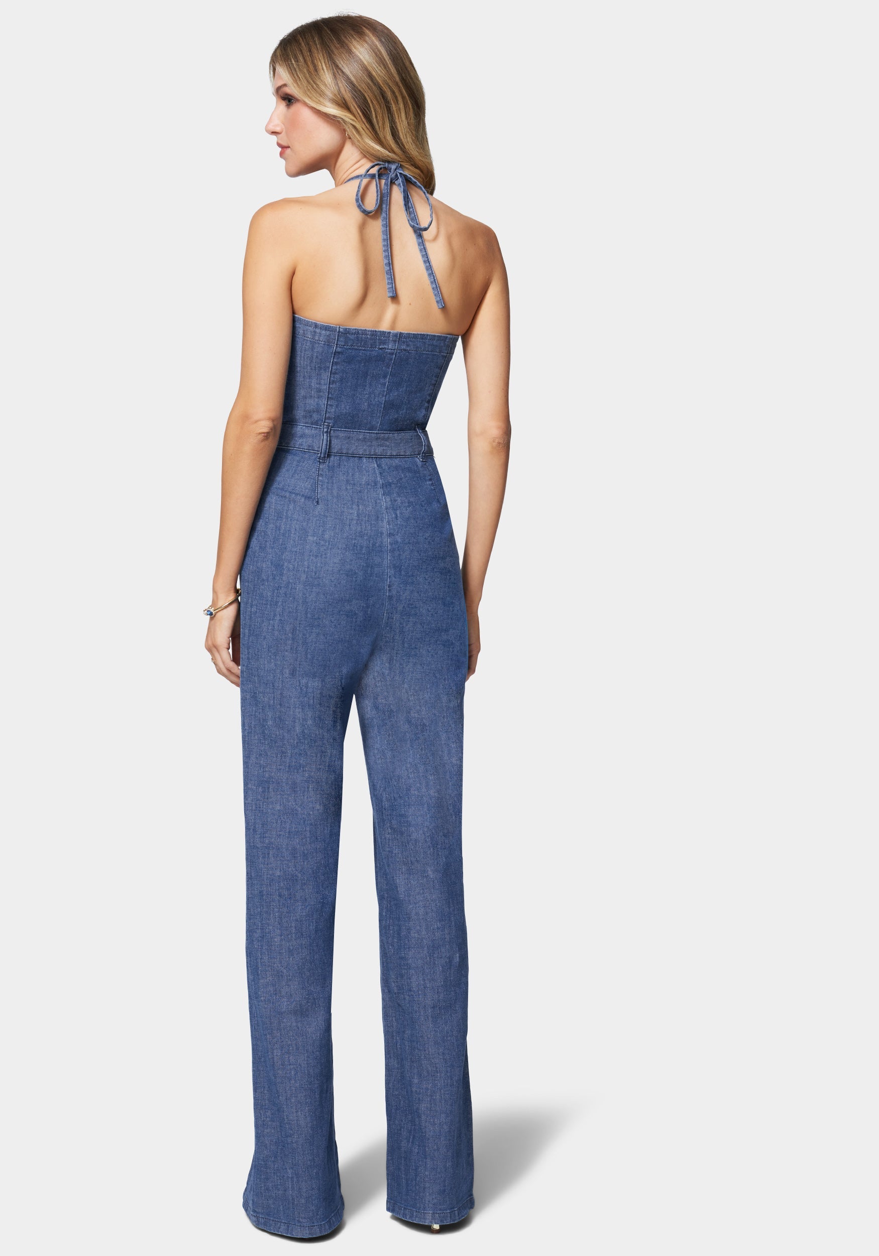 Front Slit Belted Wide Leg Denim Jumpsuit