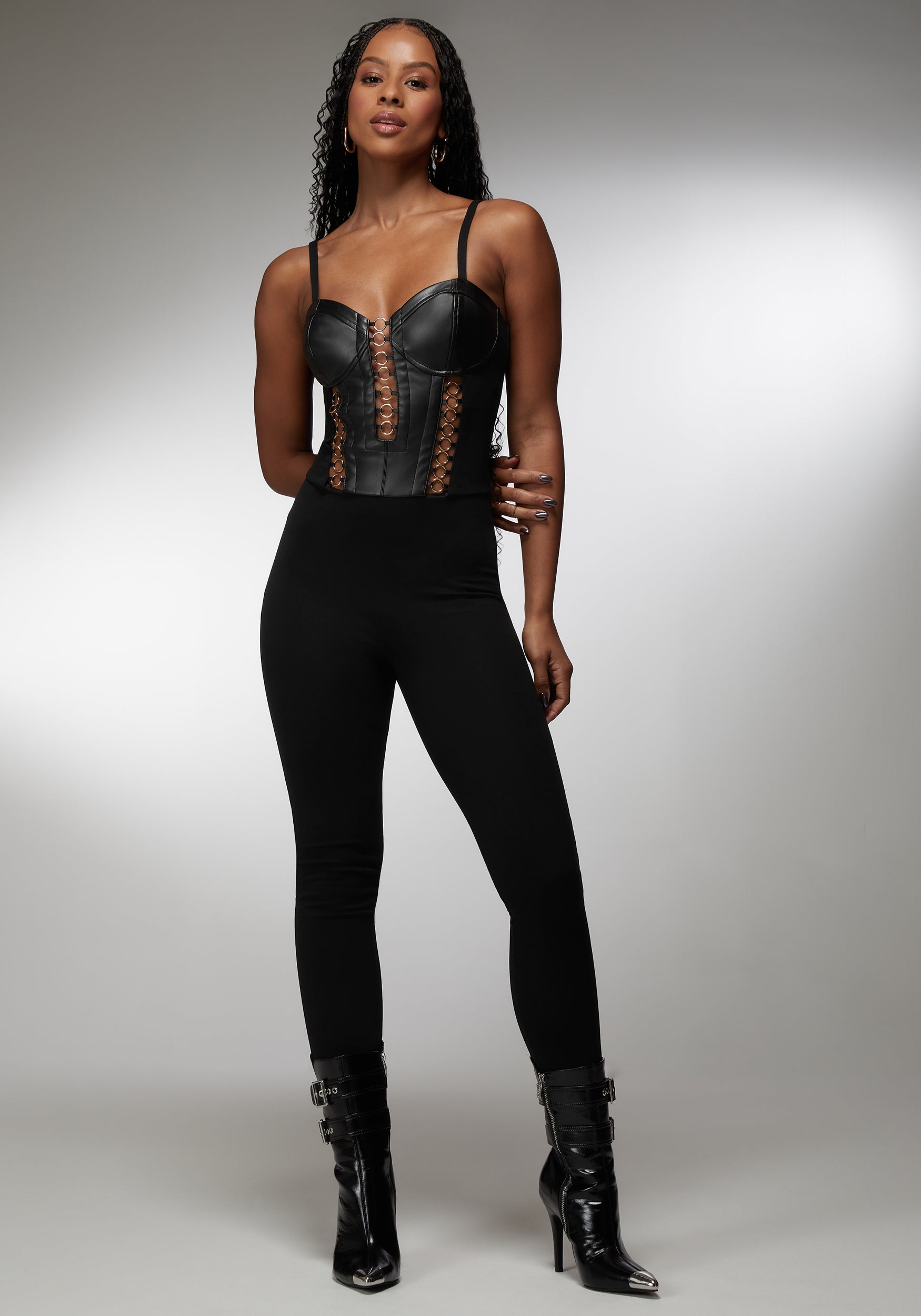 Vegan Leather Combo Ring Detail Pdr Catsuit