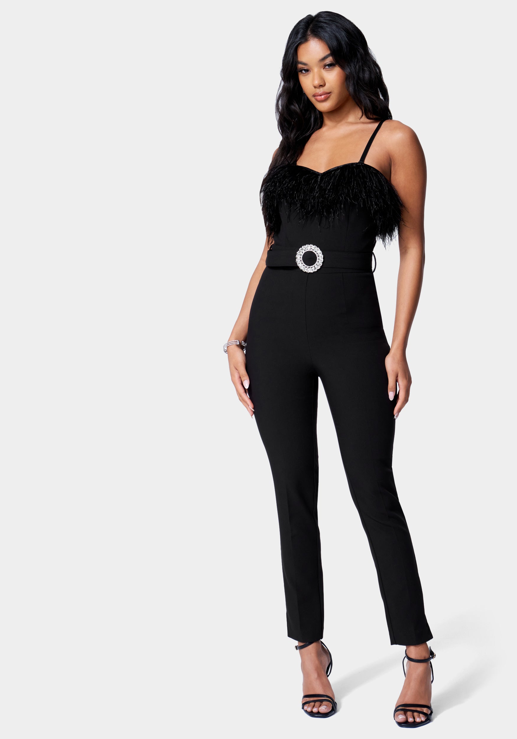 Feather Trim Slim Leg Belted Jumpsuit