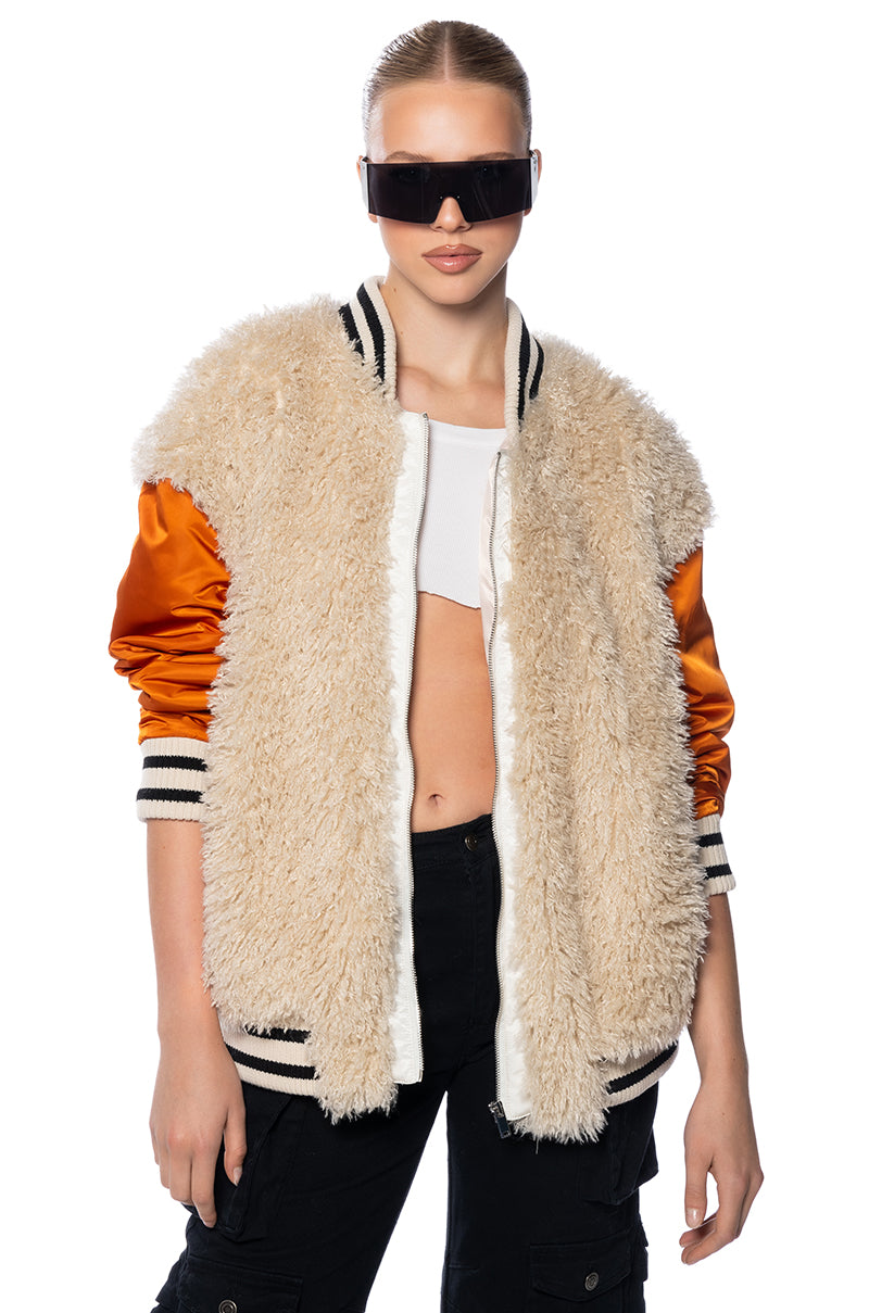 FUR BODICE NYLON VARSITY BOMBER