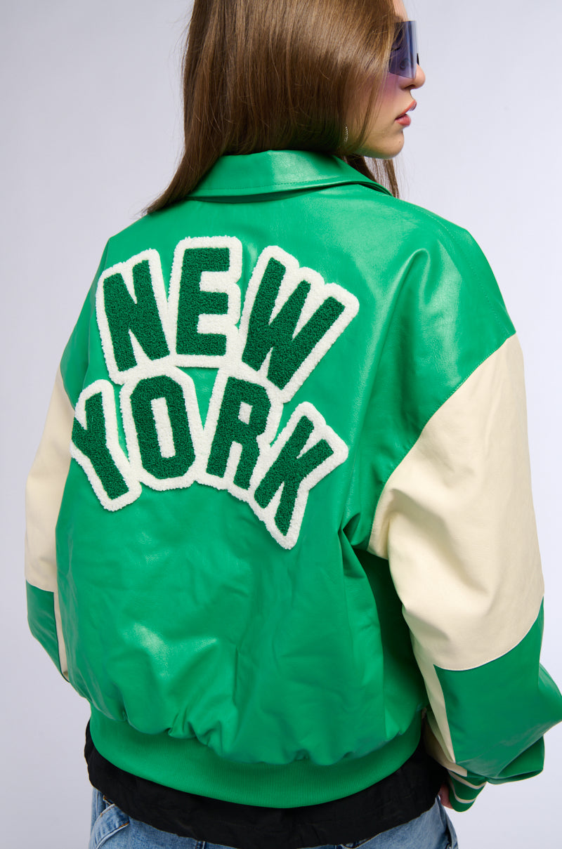 NUEVA YORK VARSITY PATCH FAUX LEATHER BOMBER JACKET