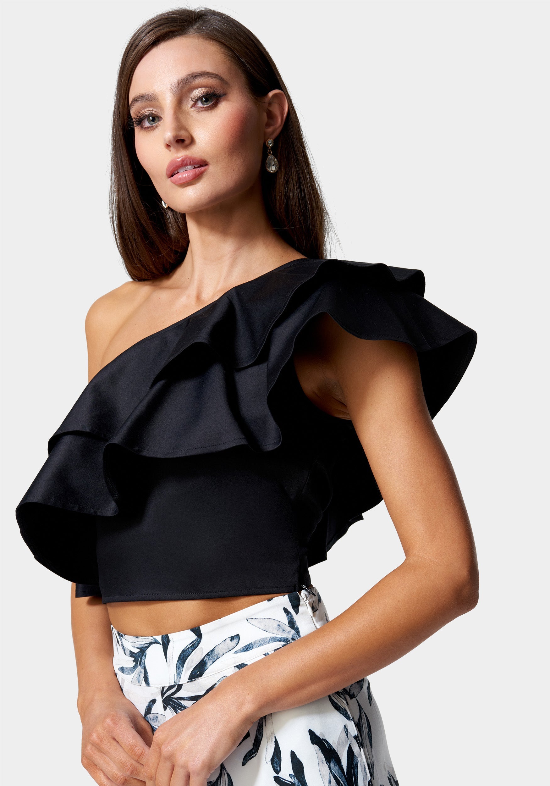 Poplin One Shoulder Ruffle Neck Top