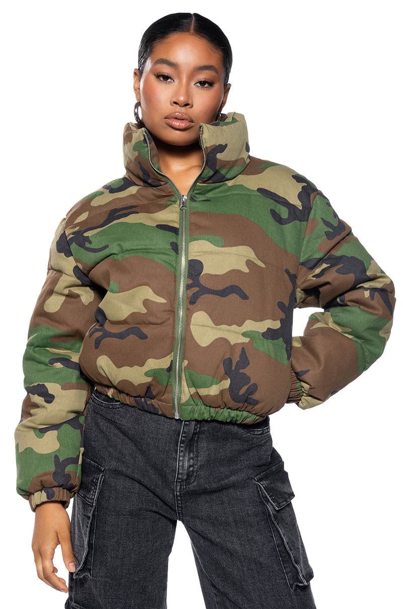 AZALEA WANG MIDTOWN PUFFER IN GREEN CAMO