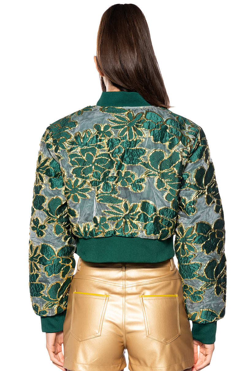 HOLIDAY TAPESTRY\ BOMBER WITH SHEER BROCADE