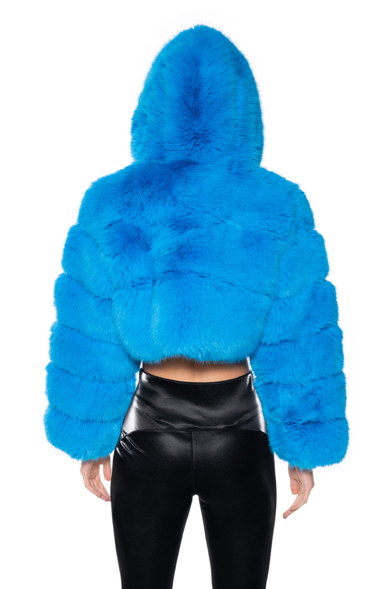 YETI FAUX FOX FUR COAT IN BLUE