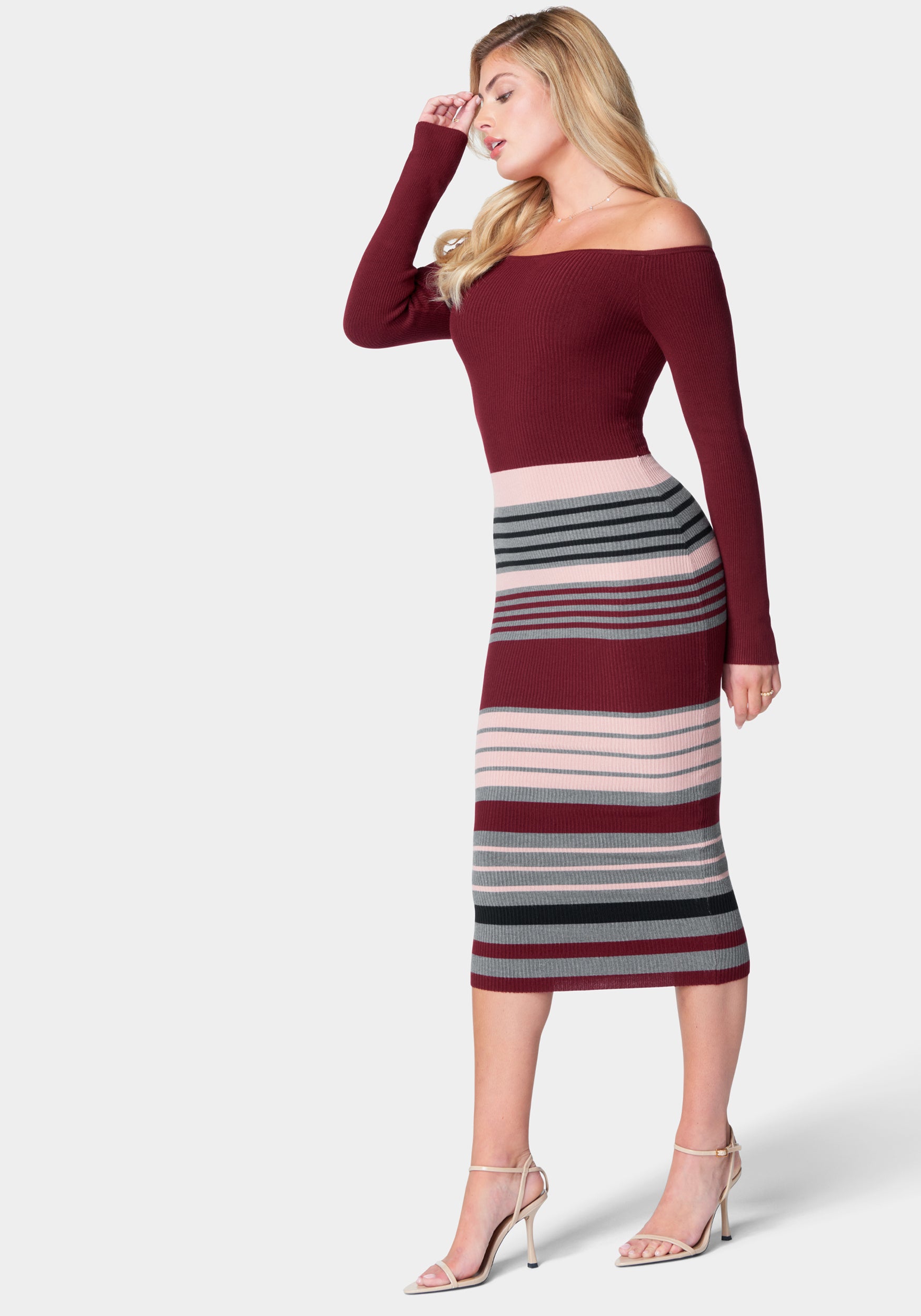 Off Shoulder Stripe Midi Dress