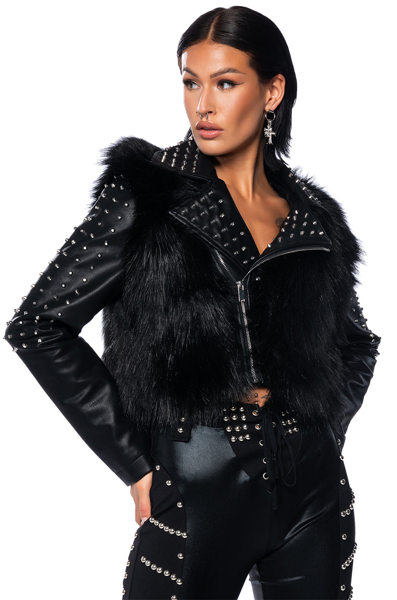 EMMS STUDDED FAUX FUR JACKET