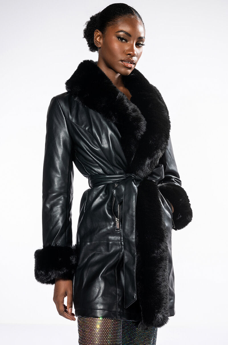 GRAM GIRL PU DRESSY COAT WITH FAUX FUR COLLAR AND WRISTS