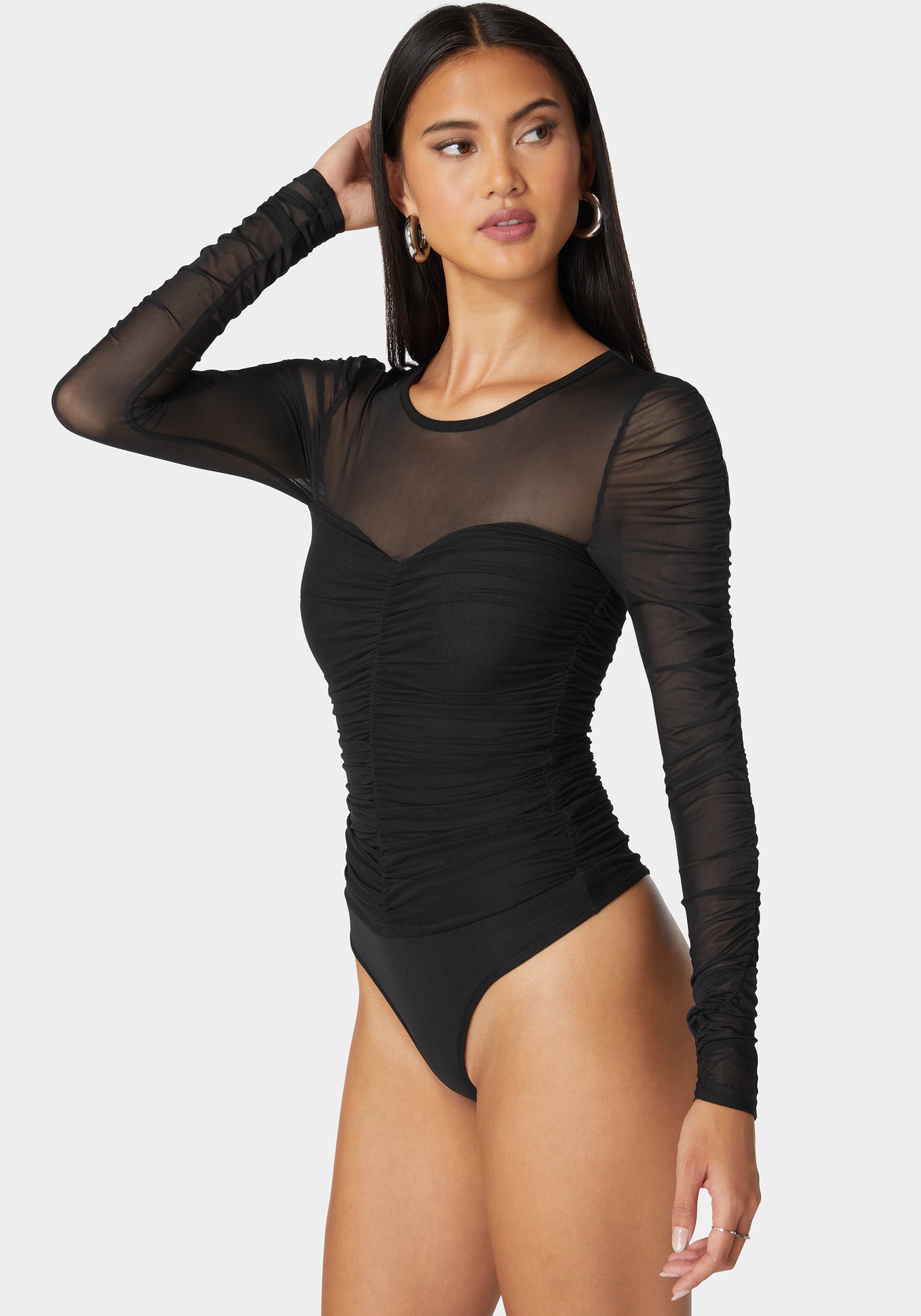 Sweetheart Neckline Shirred Mesh Bodysuit