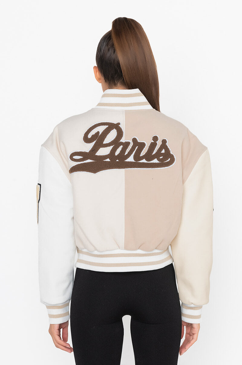 AZALEA WANG BEIGE RUELA VARSITY JACKET