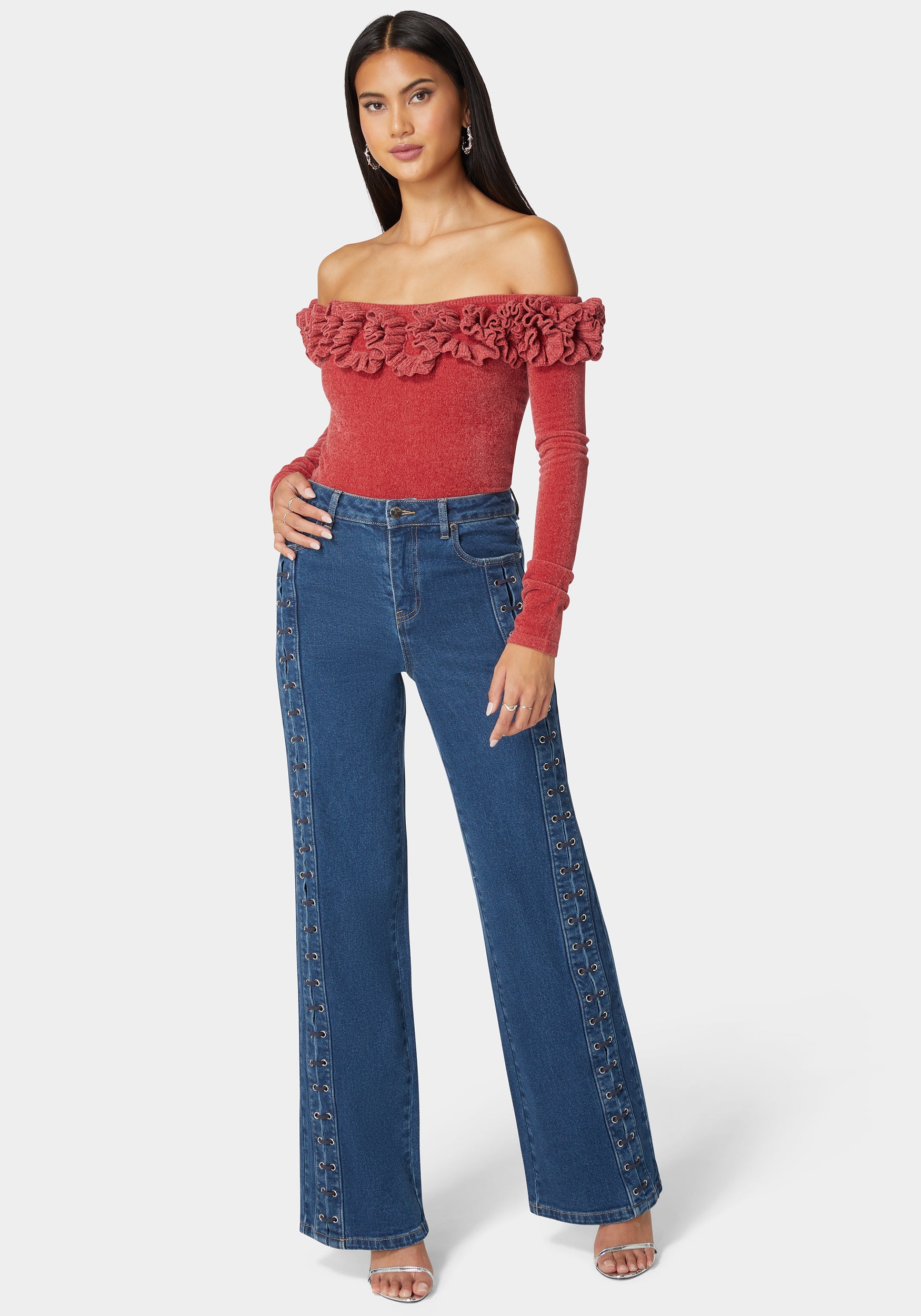 High Waist Eyelet Lace Up Wide Leg Jean