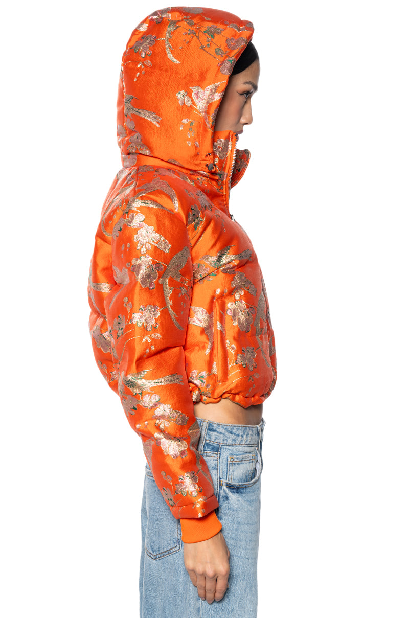 ORANGEY BROCADE PUFFER WITH REMOVEABLE HOOD