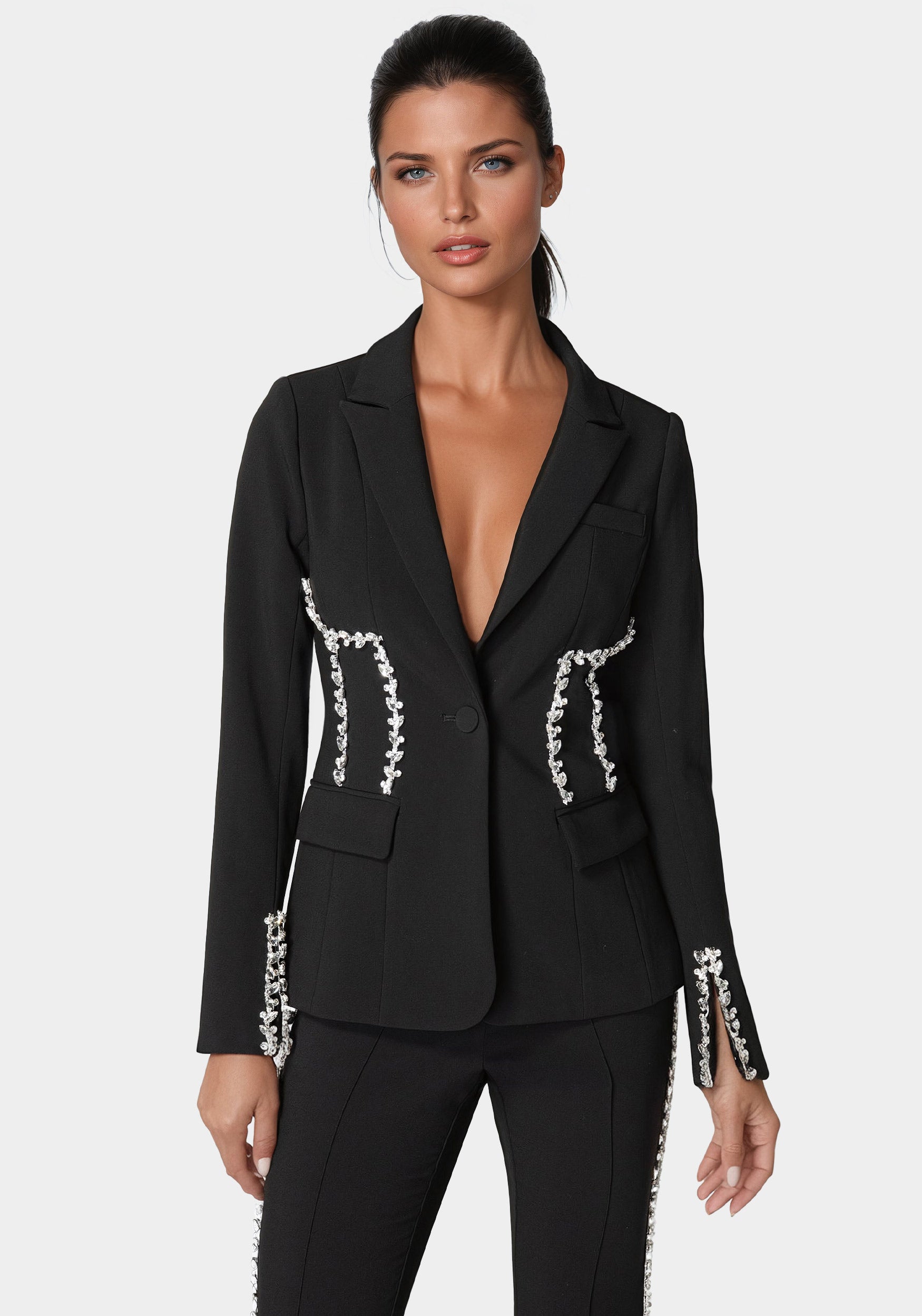 Rhinestone Detail Woven Twill Blazer