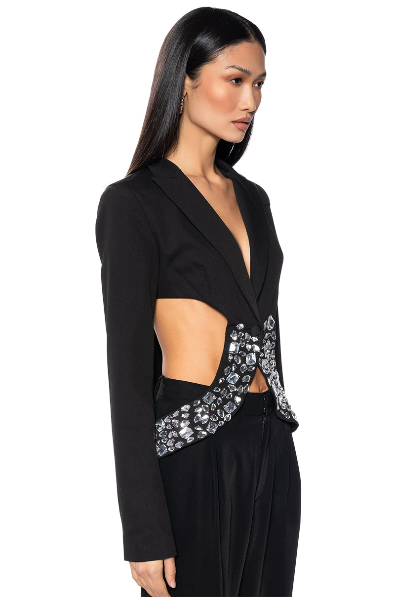 SIDE CUT OUT RHINESTONE BLAZER