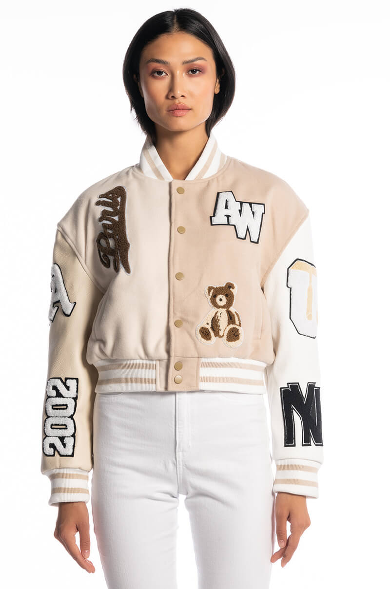 AZALEA WANG BEIGE RUELA VARSITY JACKET