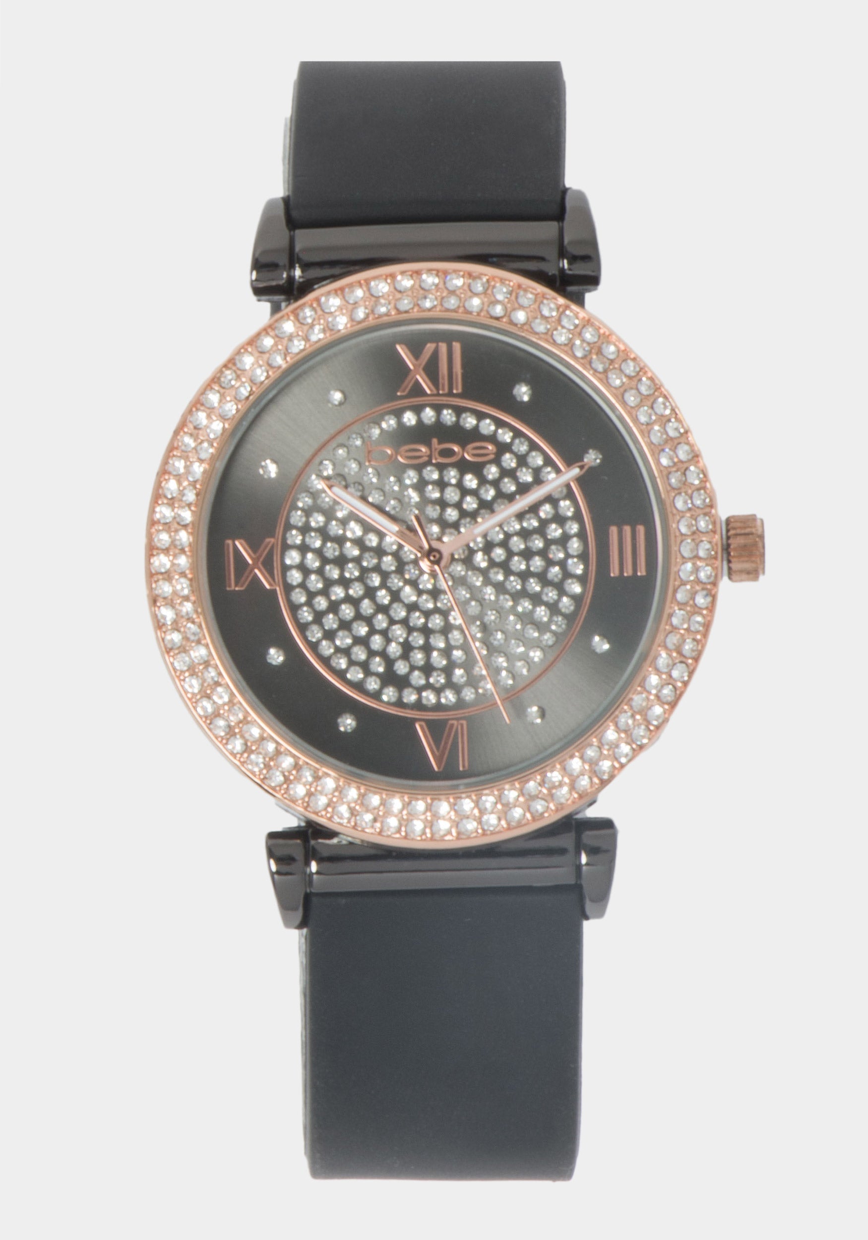 Black Glossy Dial Crystal Bezel Watch