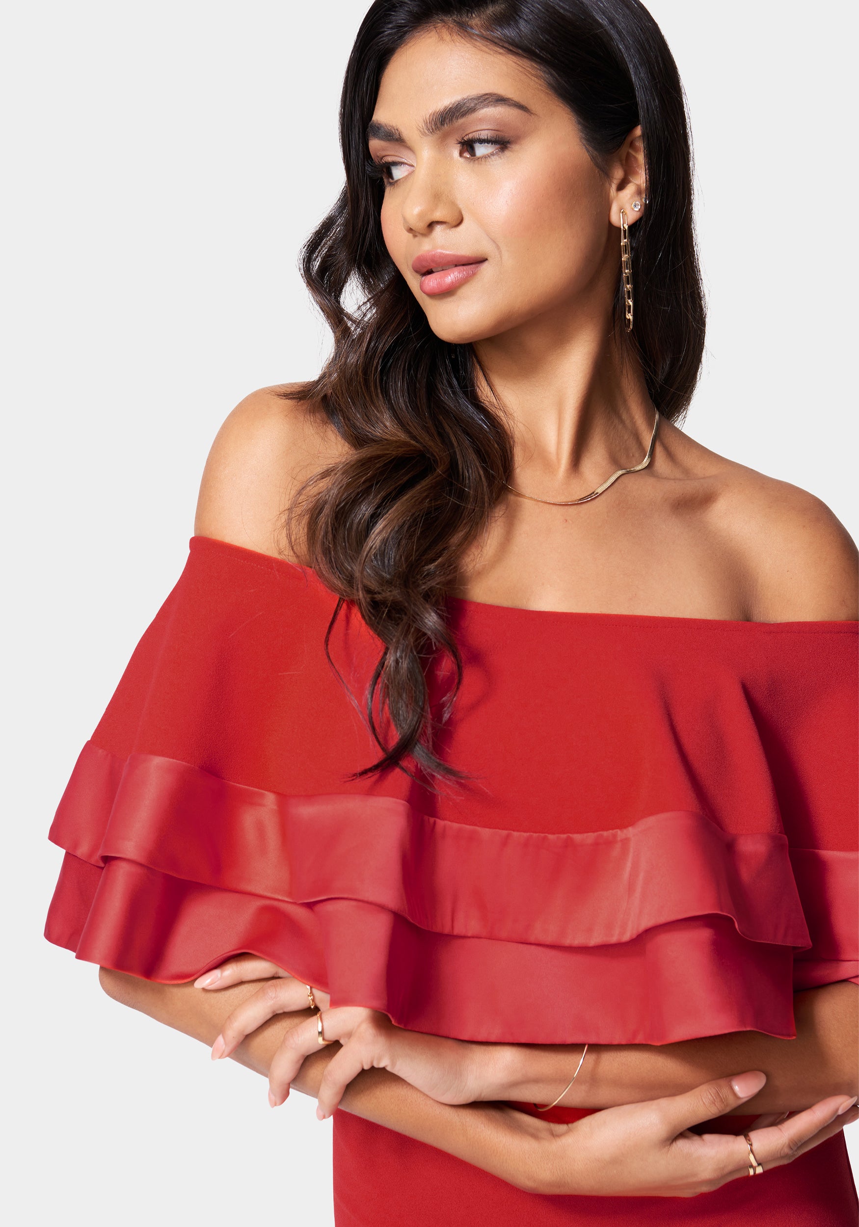 Satin Tip Off Shoulder Midi Dress