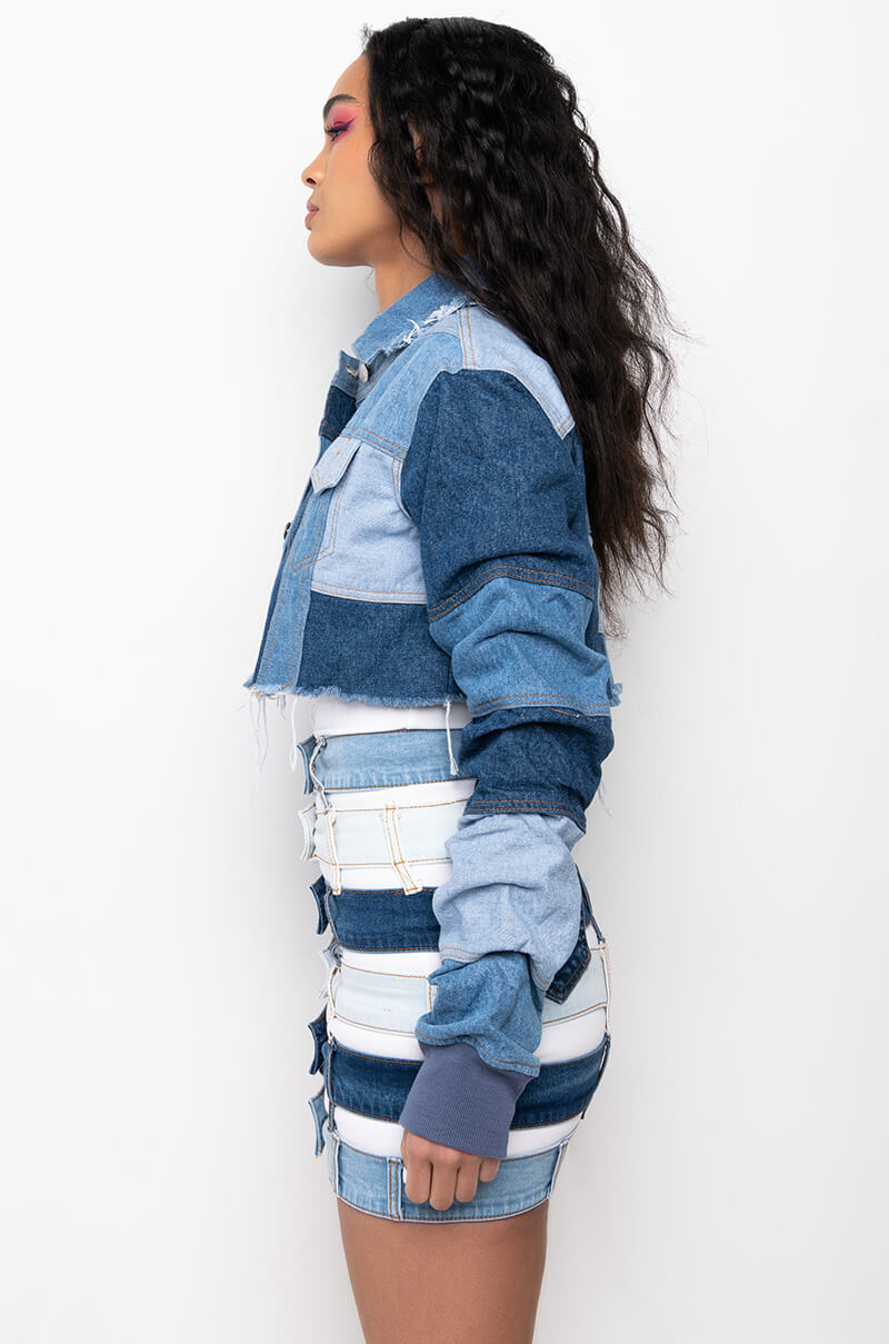 STACKED PATCH WORK CROP DENIM JACKET