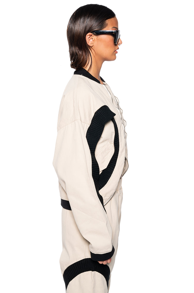 CURVE EFFECT RIB IVORY DENIM BOMBER