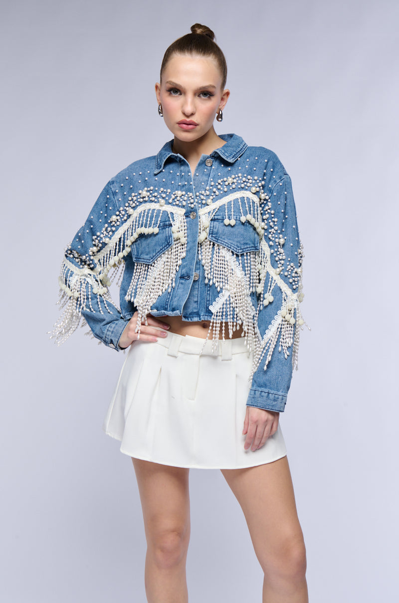 THE WORLD IS YOUR OYSTER PEARL TRIM DENIM JACKET