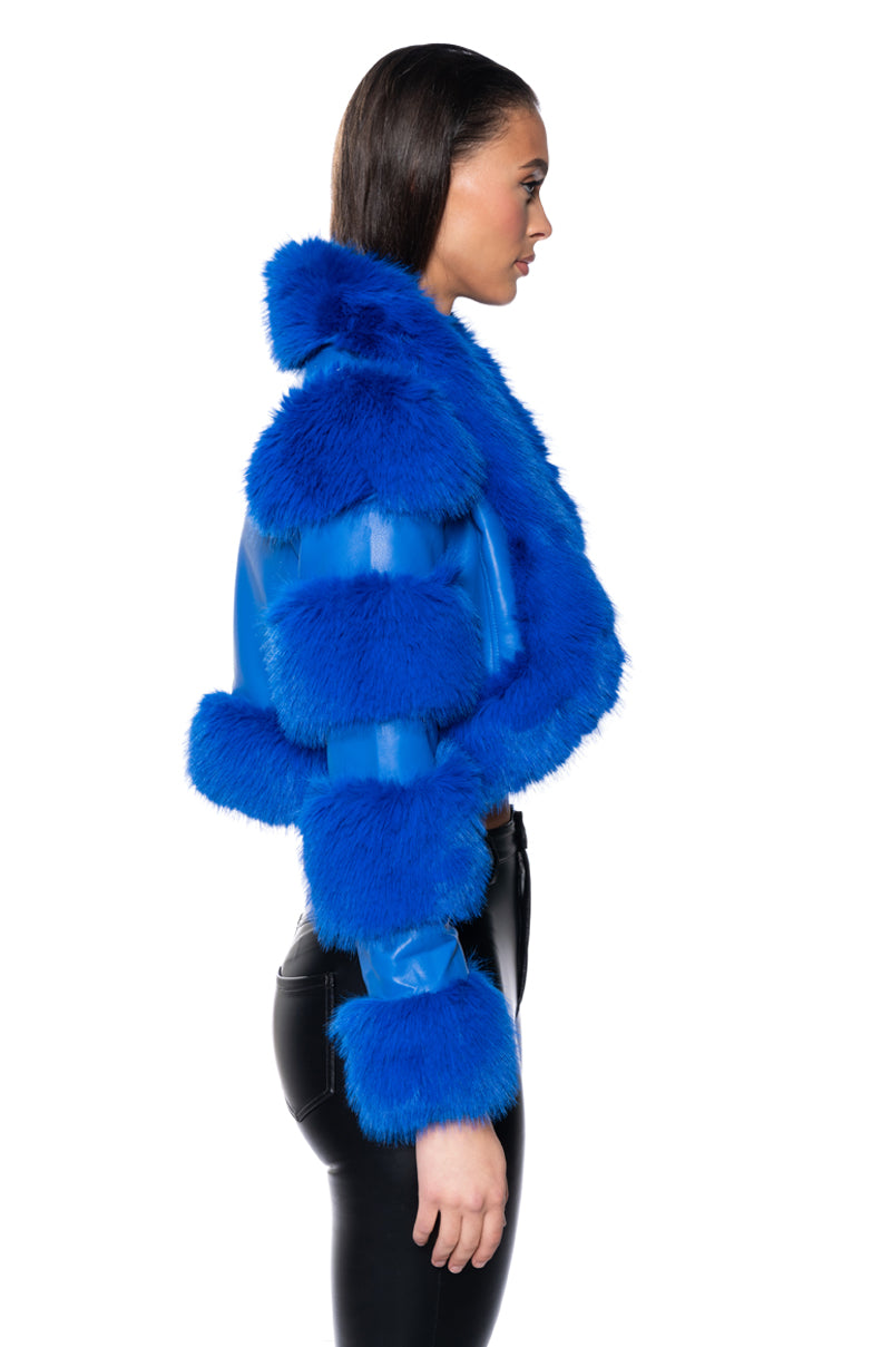 LOVERBOY FAUX FUR MOTO JACKET IN BLUE