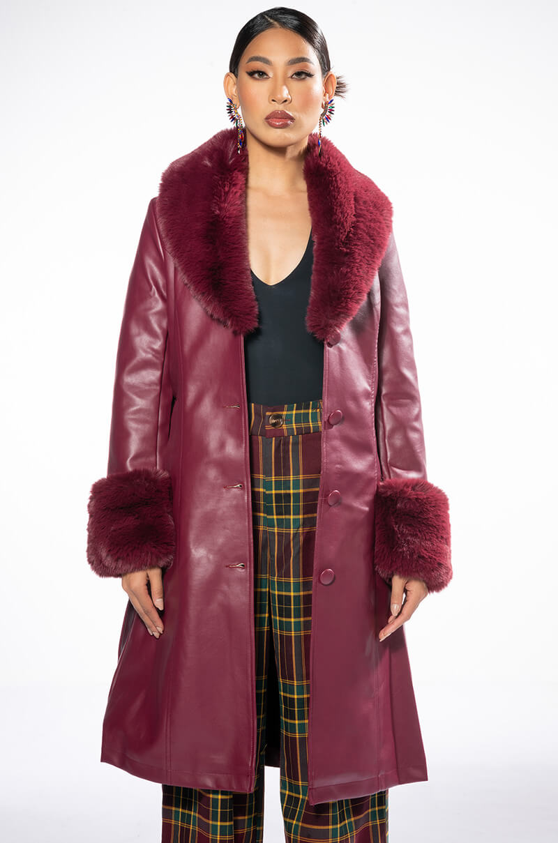 AZALEA WANG MARBOLO PU TRENCH WITH FAUX FUR TRIM