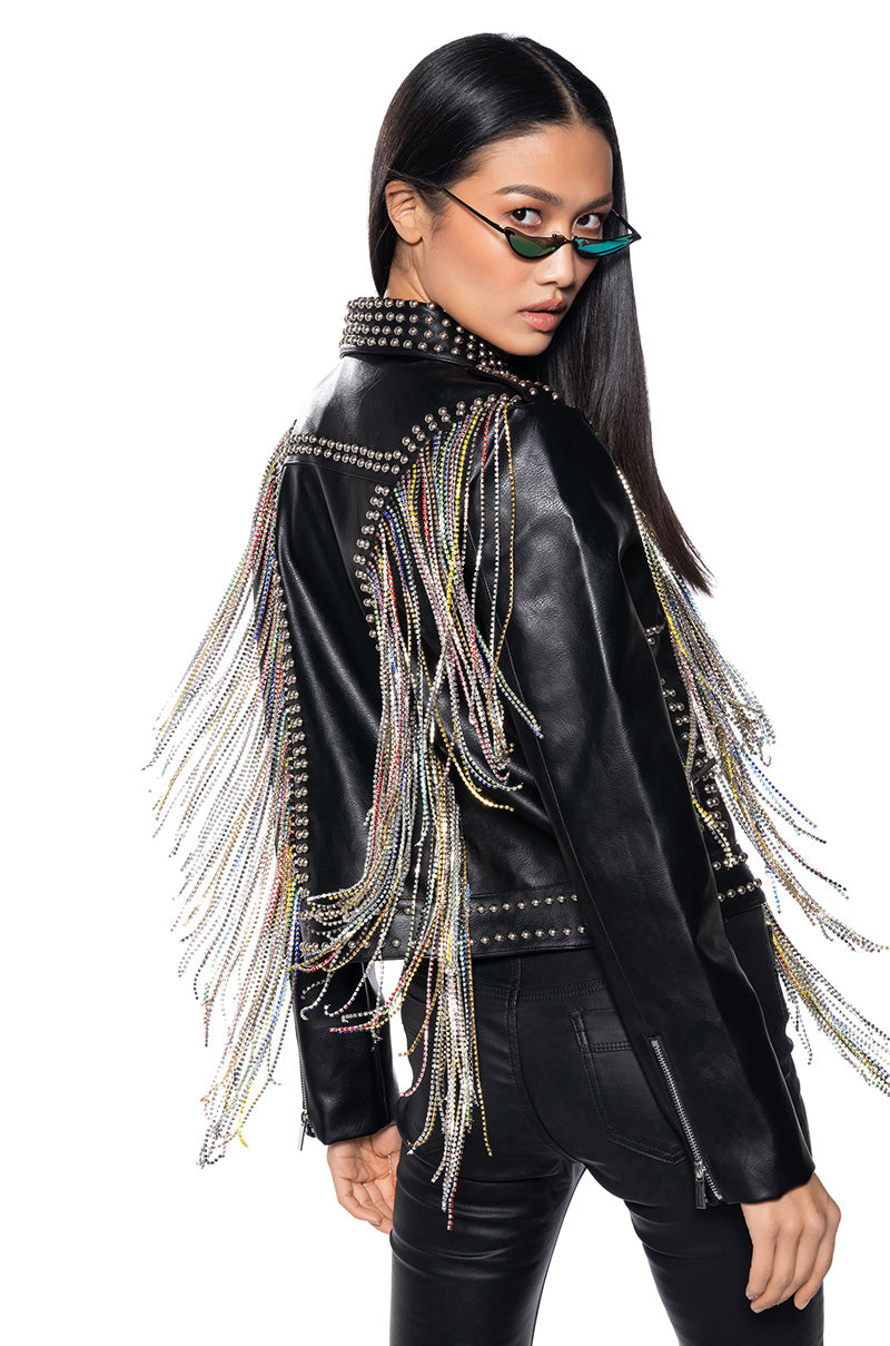 TAKE A CHANCE ON ME RHINESTONE FRINGE MOTO